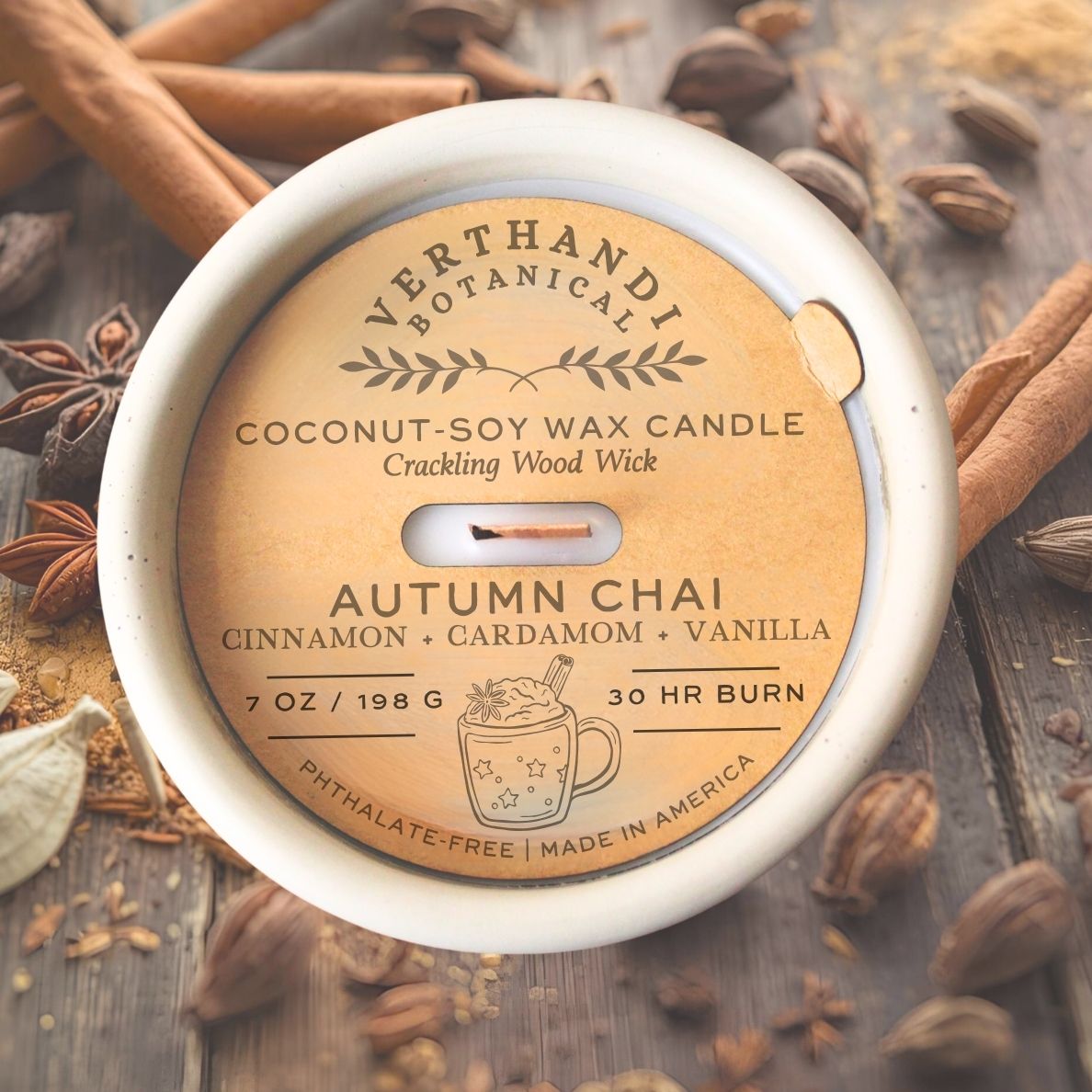 autumn chai coconut soy scented candle with crackling wood wick in concrete jar, vanilla and cardamom scented candle top view