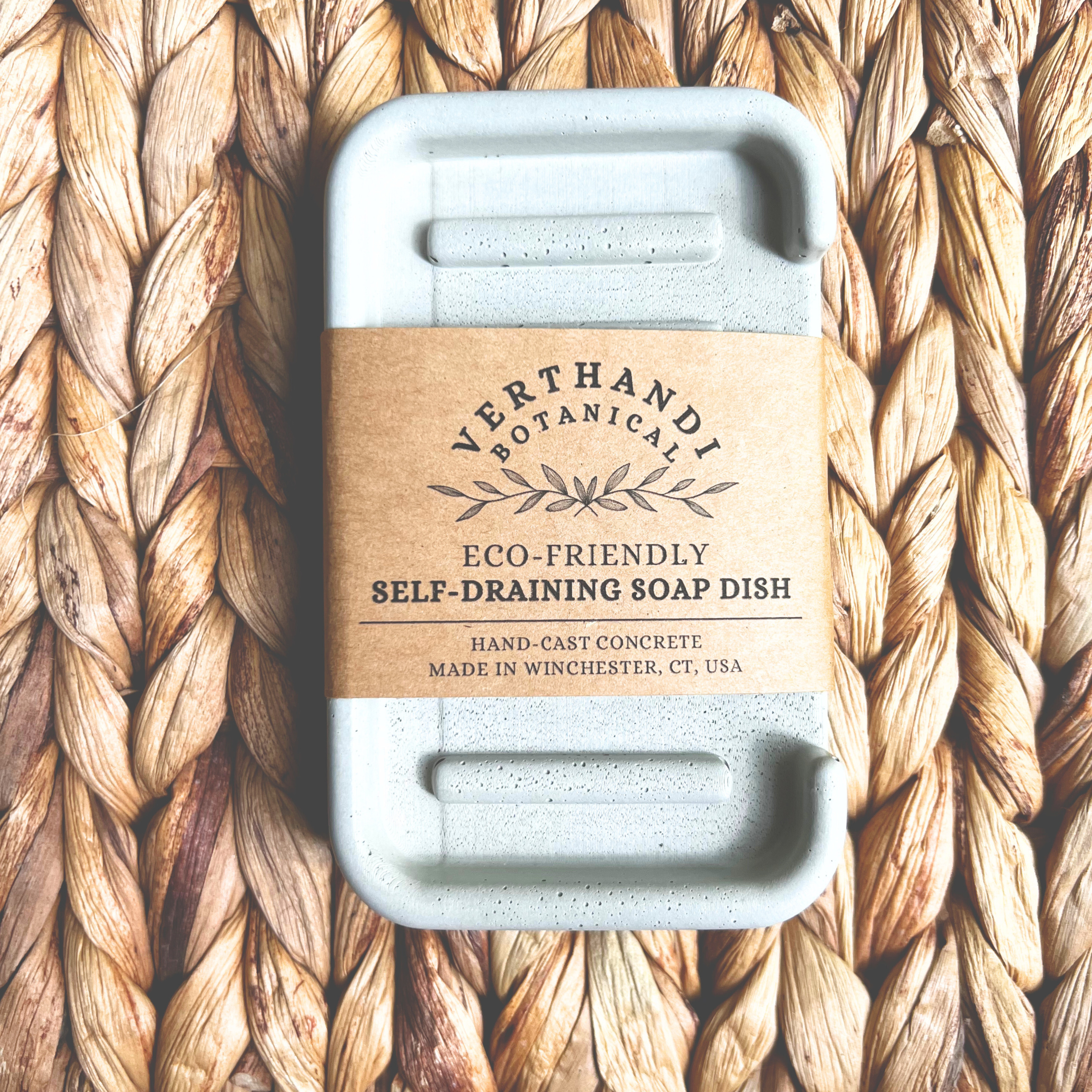 BohoNordic Hygge Concrete Soap Tray, top view with label