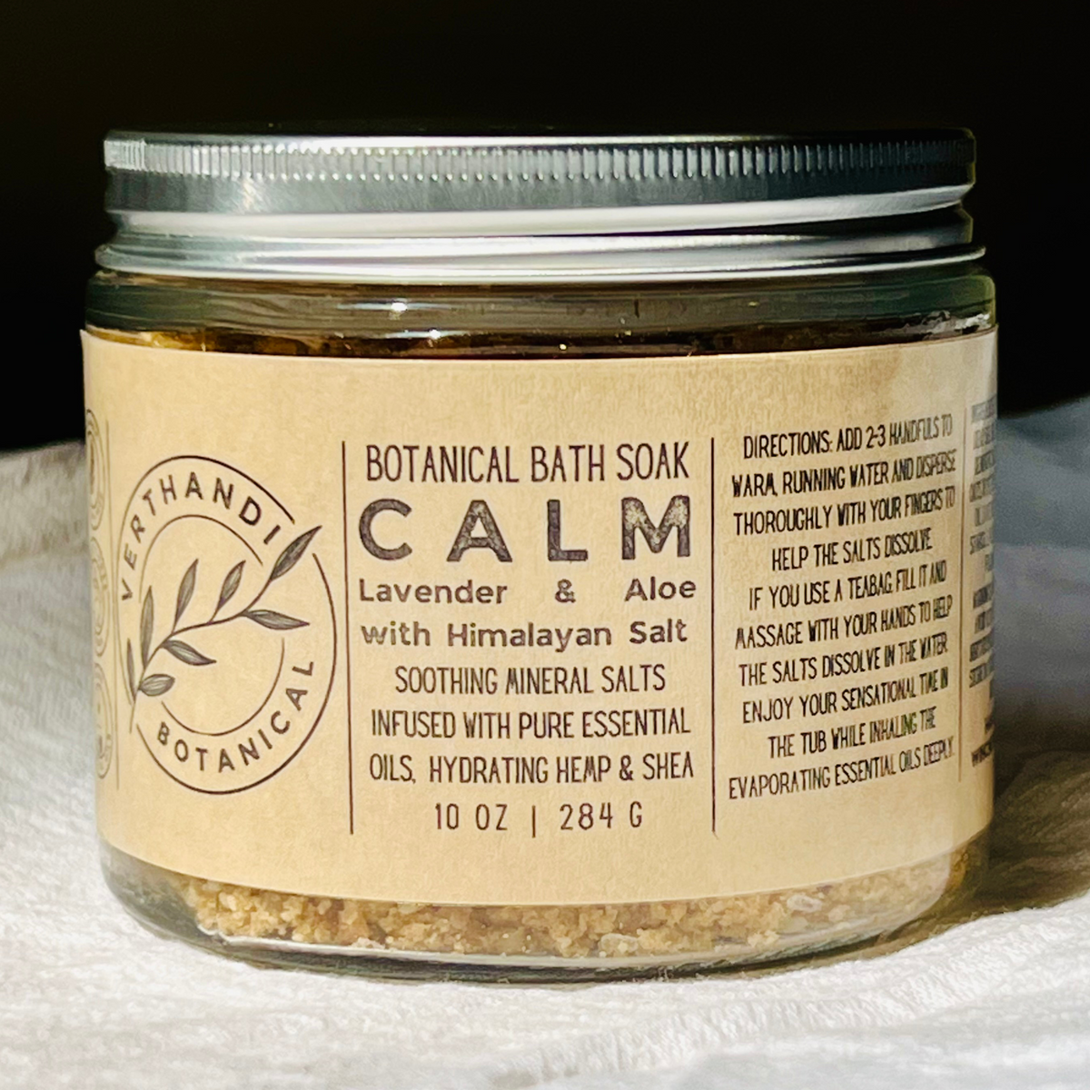 Calm Botanical Bath Soak jar, front view