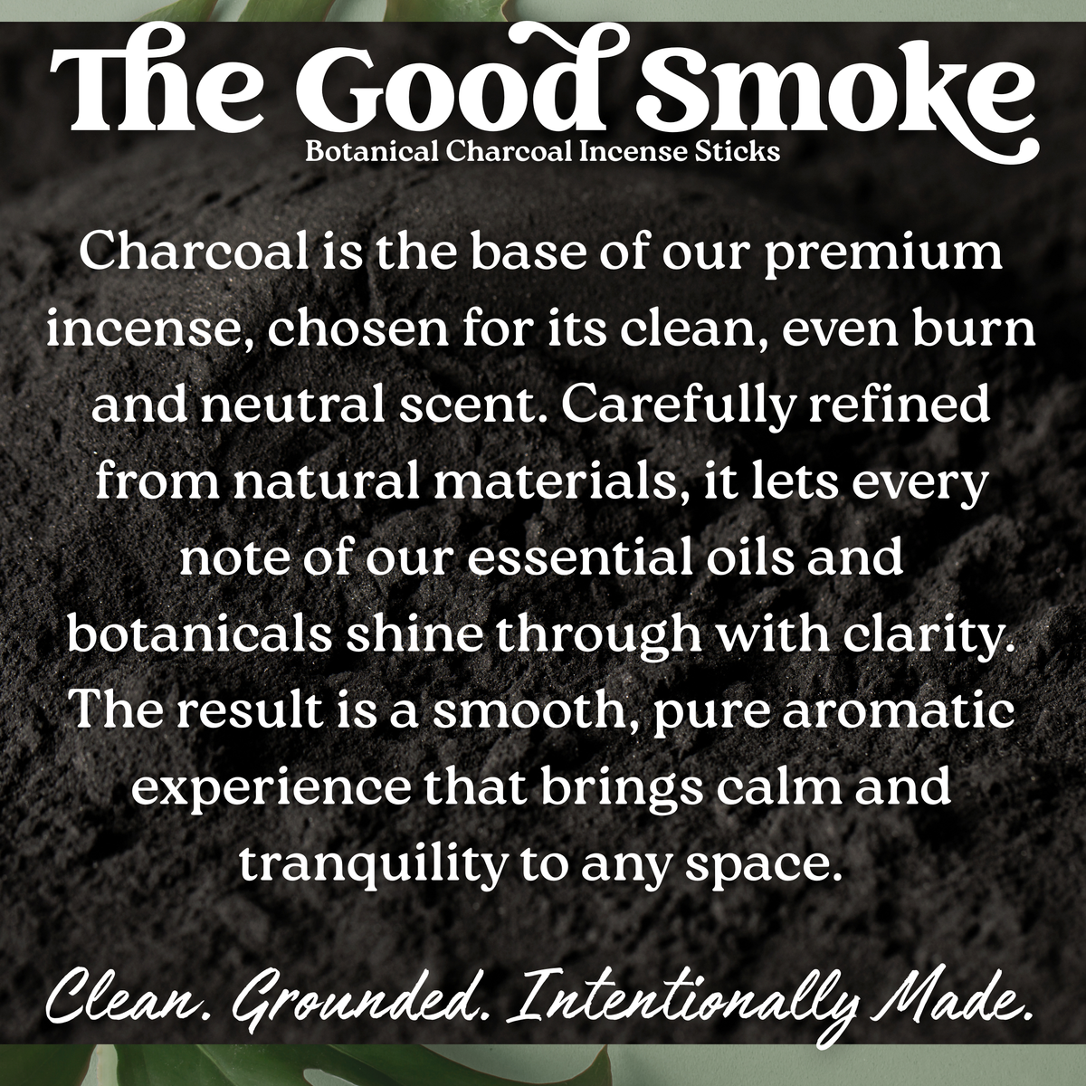 Text description of Botanical Charcoal Incense Sticks with black background