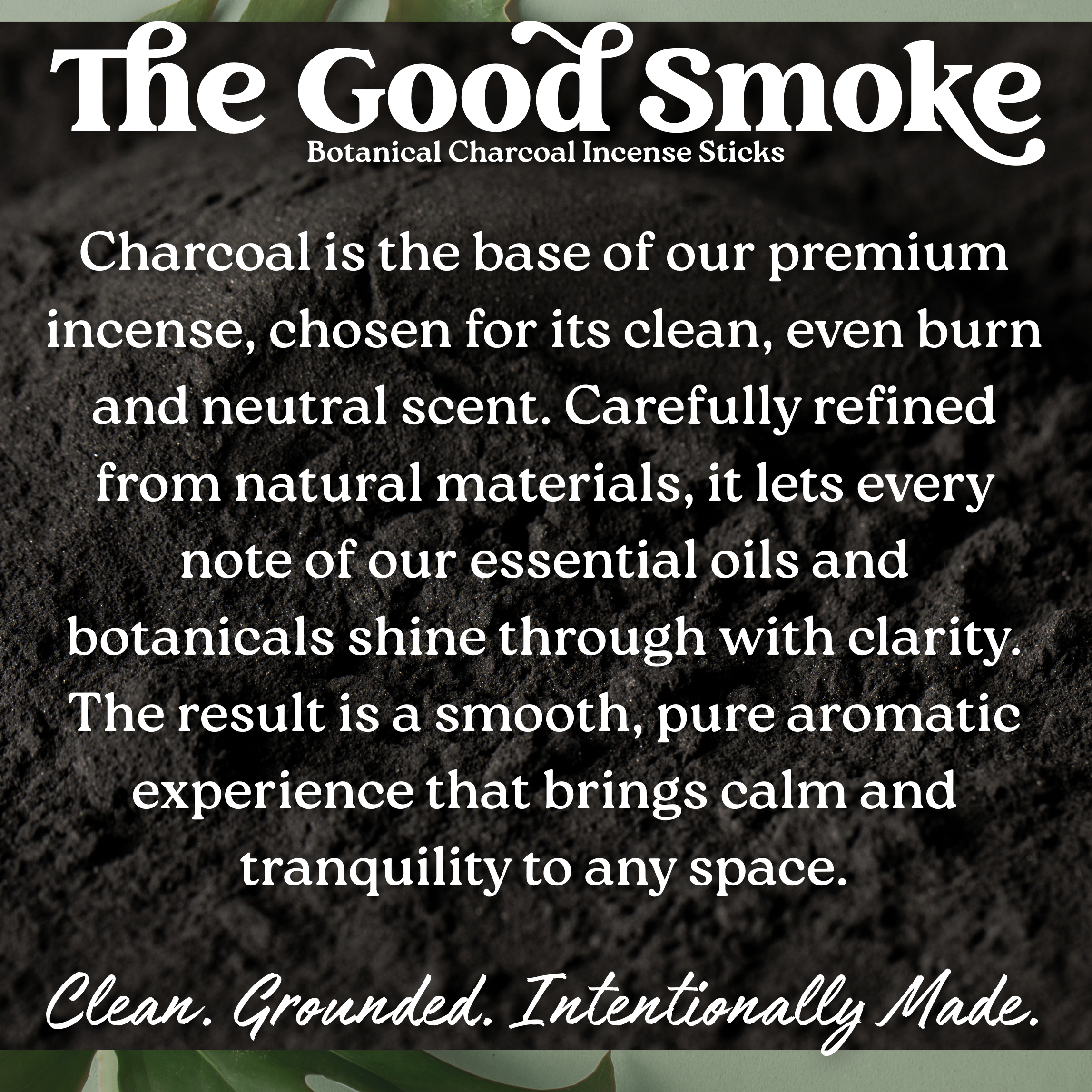 Text description of Botanical Charcoal Incense Sticks with black background