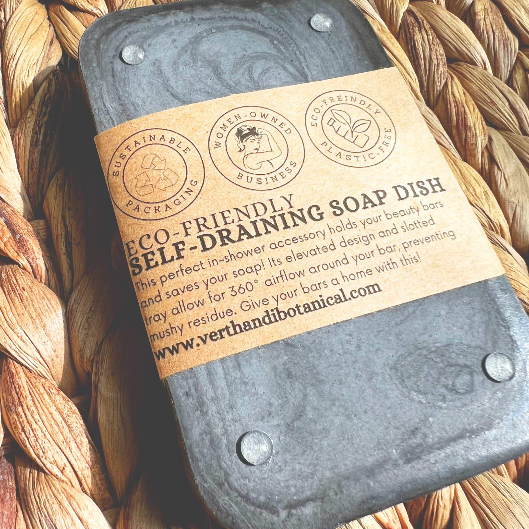 Crow Hygge Concrete Soap Tray, back view of tray with label