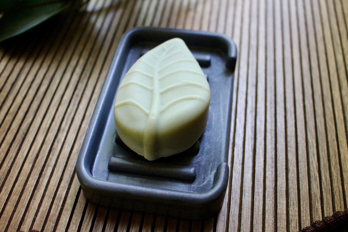 Crow Hygge Concrete Soap Tray, top view with bar of natural soap
