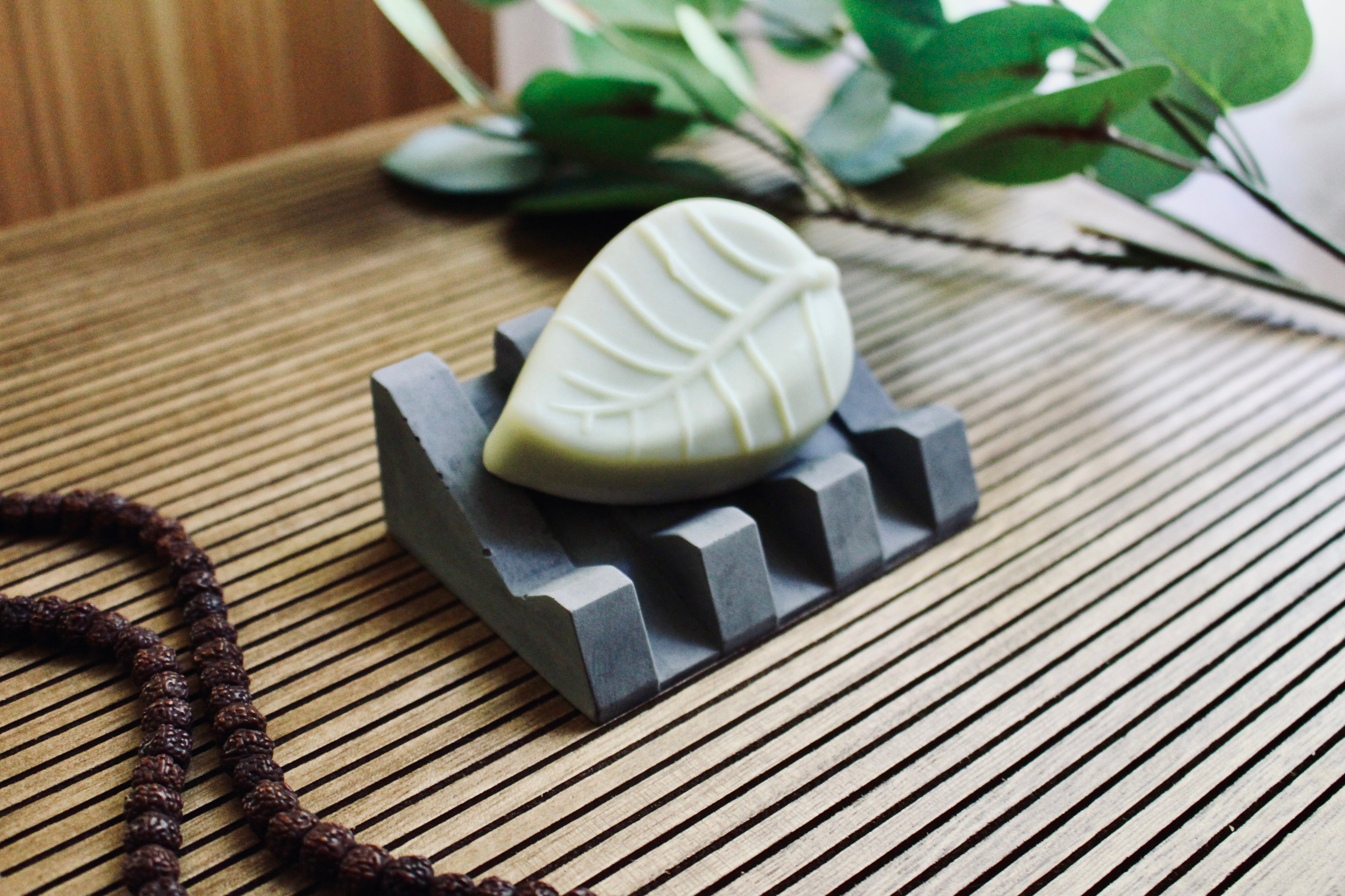 Crow Zen Concrete Soap Tray, top View, with natural soap bar