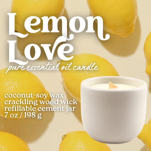 LEMON LOVE COCONUT SOY WAX ESSENTIAL OIL SCENTED CANDLE WITH A CRACKLING WOOD WICK IN A CONCRETE JAR