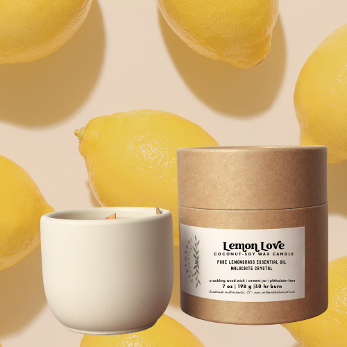 LEMON LOVE COCONUT SOY WAX ESSENTIAL OIL SCENTED CANDLE WITH A CRACKLING WOOD WICK IN A CONCRETE JAR, SIDE VIEW OF PACKAGING