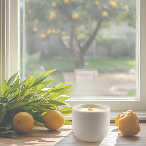 LEMON LOVE COCONUT SOY WAX ESSENTIAL OIL SCENTED CANDLE WITH A CRACKLING WOOD WICK IN A CONCRETE JAR, SIDE VIEW ON TABLE