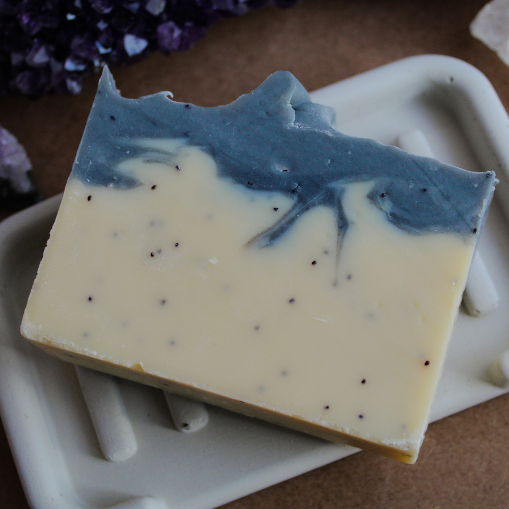 Lemon Poppy Natural Soap, top view on hygge soap dish