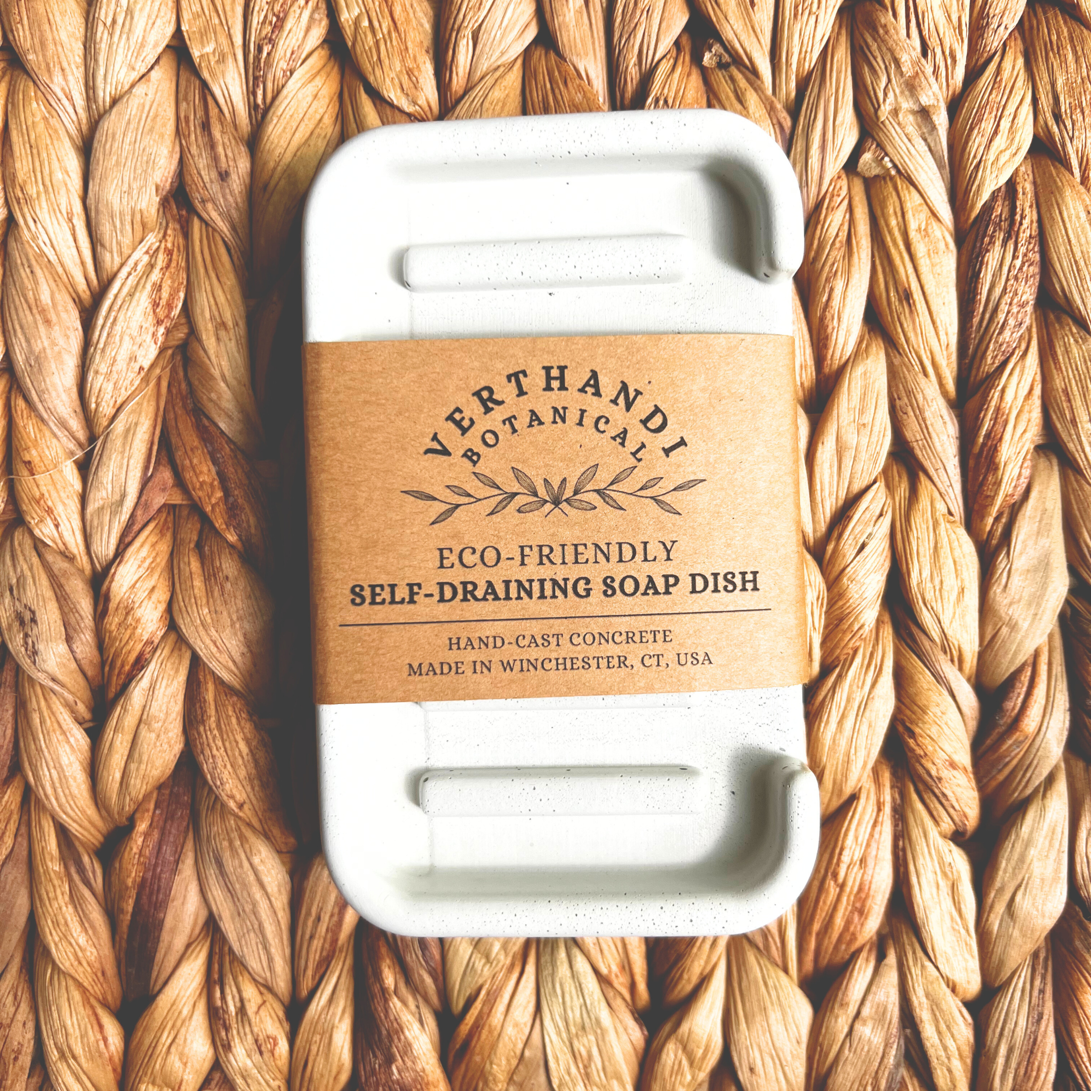 Nordic Hygge Concrete Soap Tray, top view with label