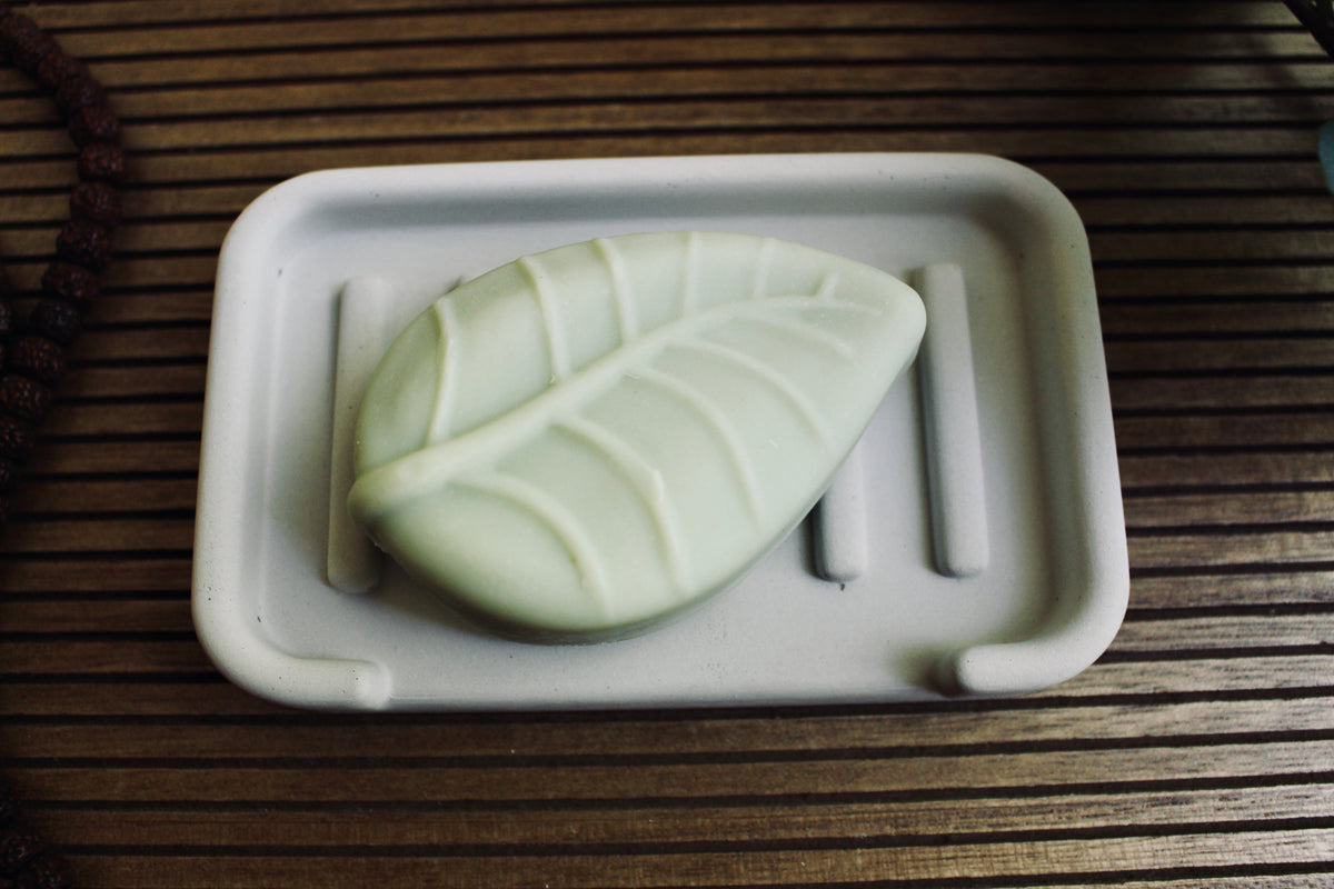 Nordic Hygge Concrete Soap Tray, top view with soap bar