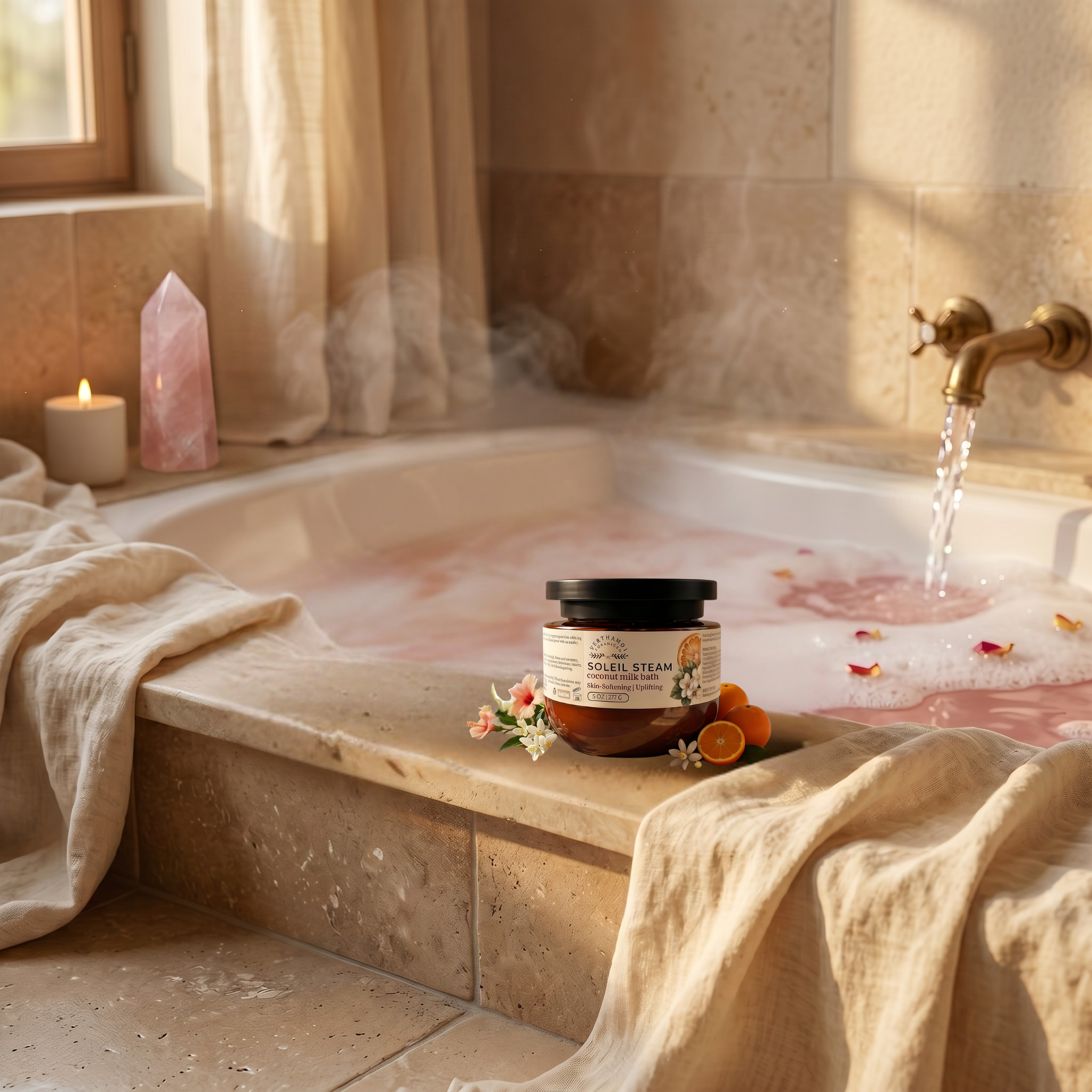 Soleil Steam foaming milk bath with coconut milk, hibiscus, and rose petals with pink bath water