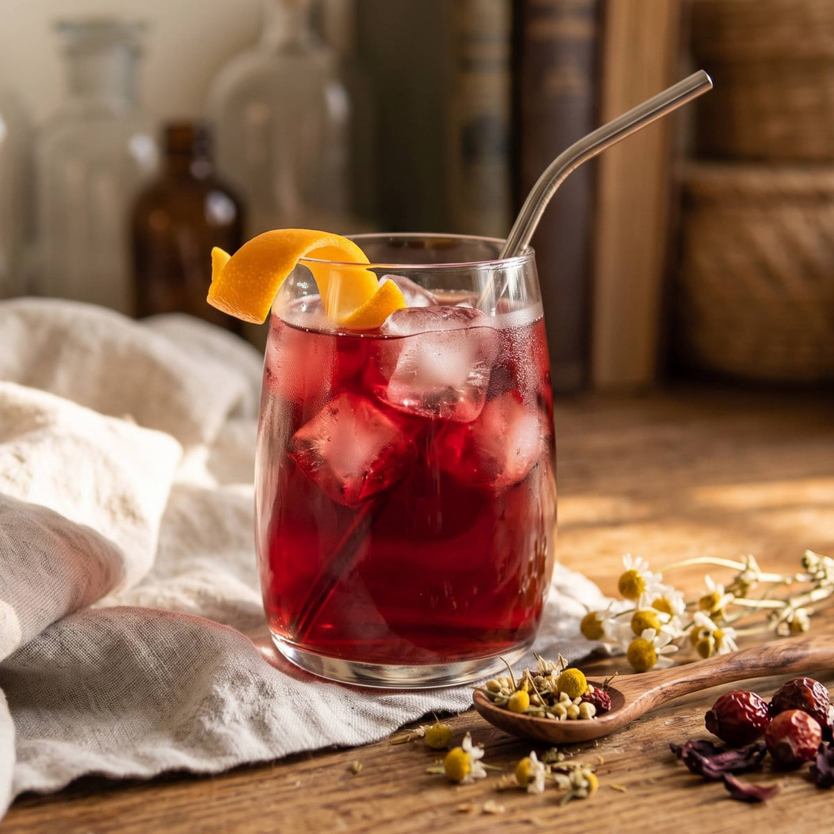 A.M. Calm loose leaf herbal tea for the morning, with rosehips, ginger, chamomile, lemon balm, hibiscus, by Verthandi Botanical - iced tea