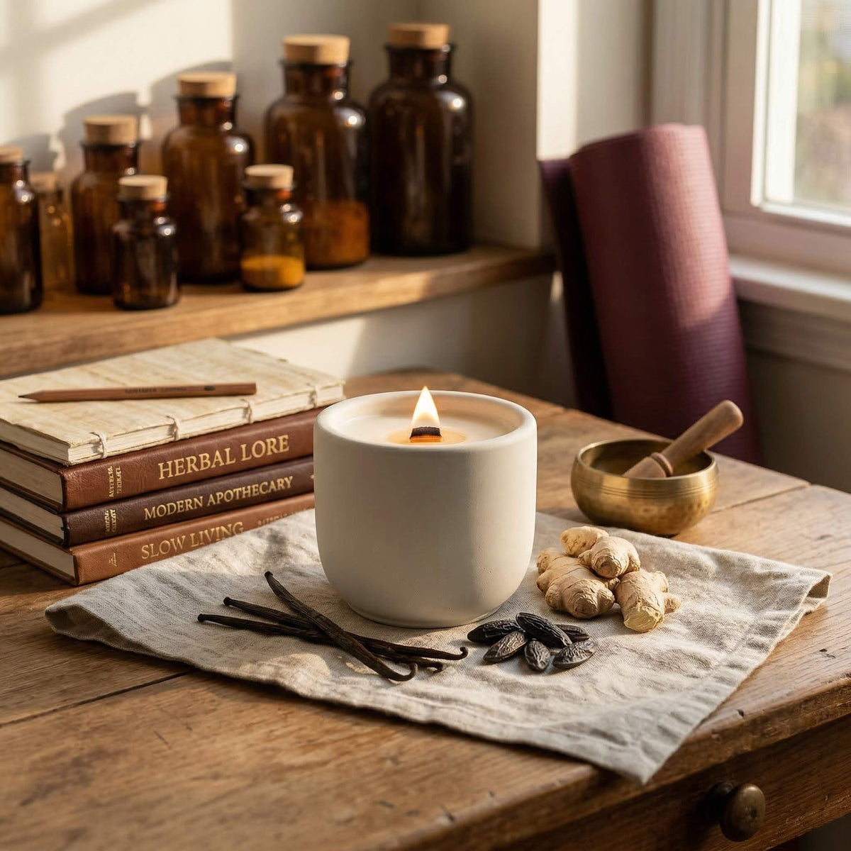 Calm coconut soy scented candle with crackling wood wick in concrete jar, front view, cardamom and vanilla scented candle