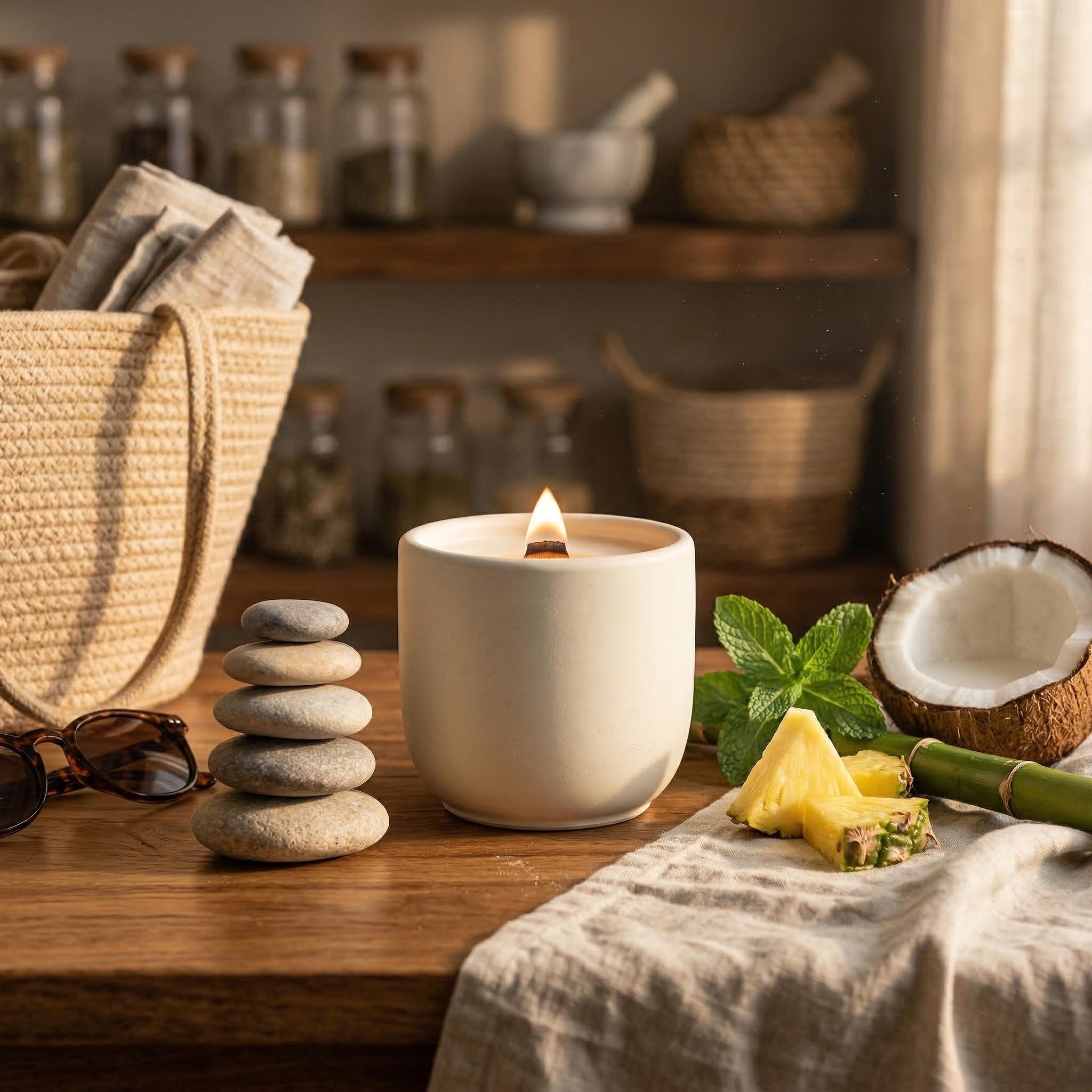 Coconut and Bamboo scented Coconut Wax Candle with wood wick in concrete jar COCONUT, PINEAPPLE, BAMBOO, SCENTED CANCLE lifestyle