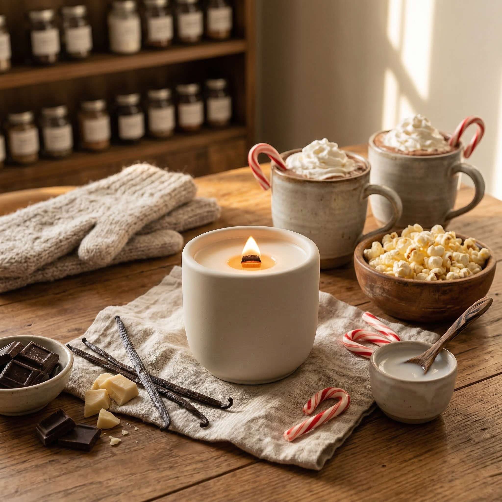 frozen hot cocoa scented candle with crackling wood wick, chocolate peppermint, coconut scented candle