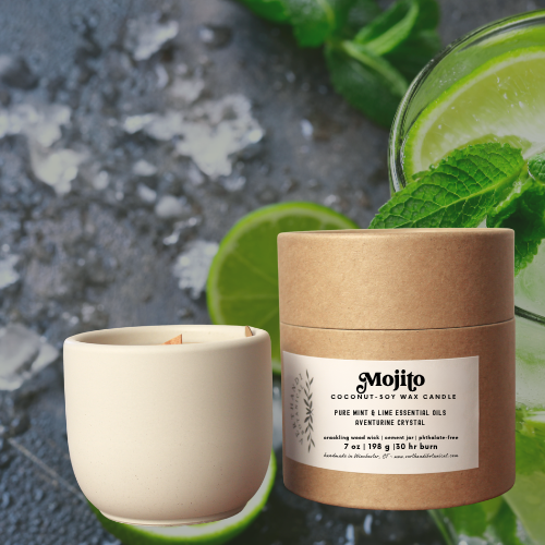 mojito coconut soy scented candle with pure essential oils, a crackling wood wick in a concrete jar, side view of packaging