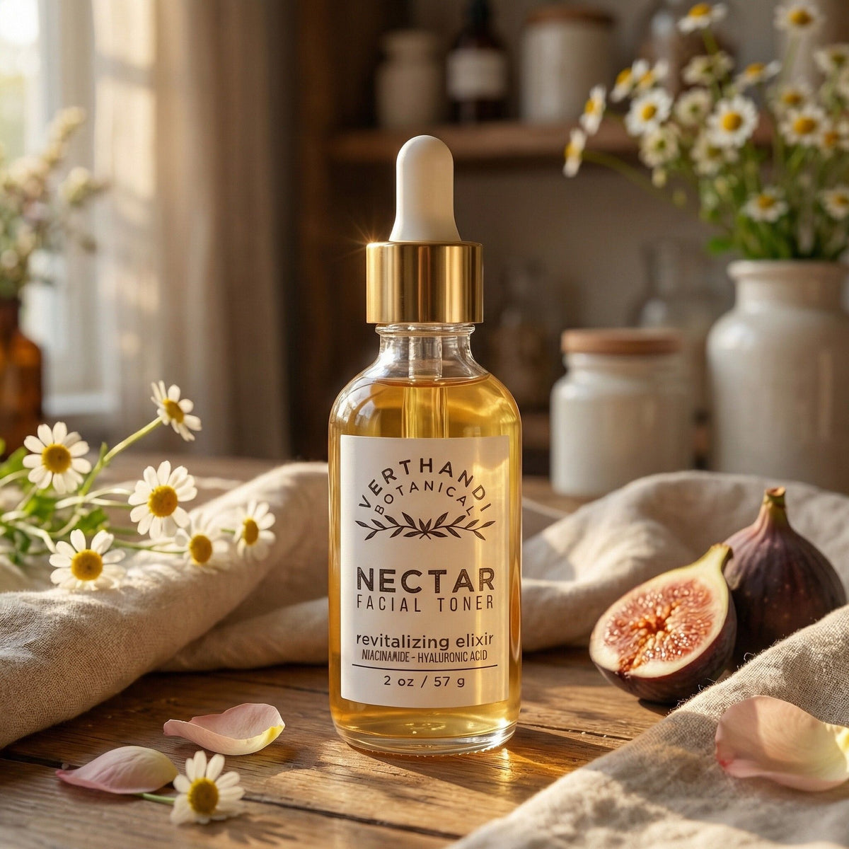 Bottle of Verthandi Nectar Facial Toner with flowers and figs on a wooden surface
