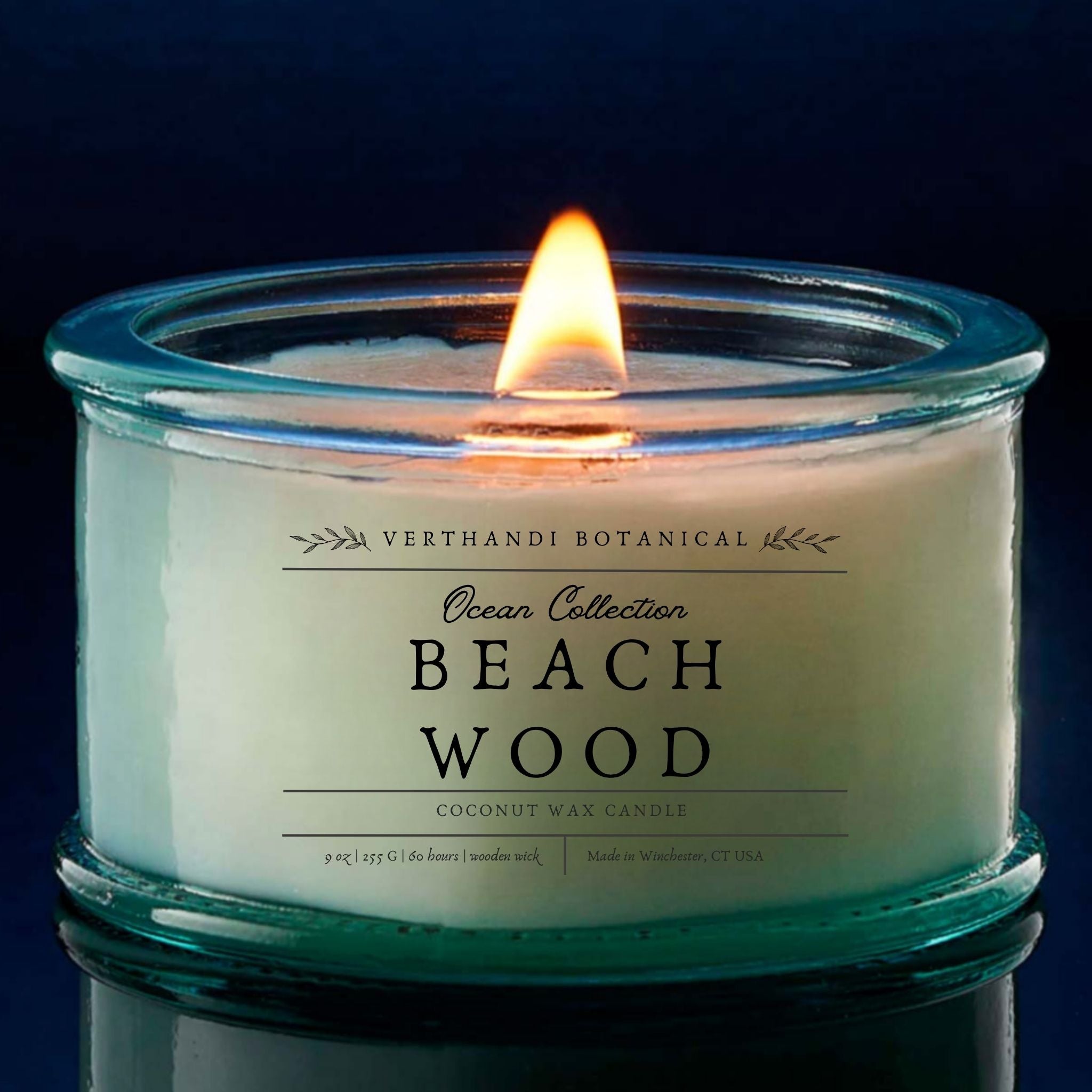 Ocean Collection, beach wood scened candle with crackling wood wick in recycled glass jar