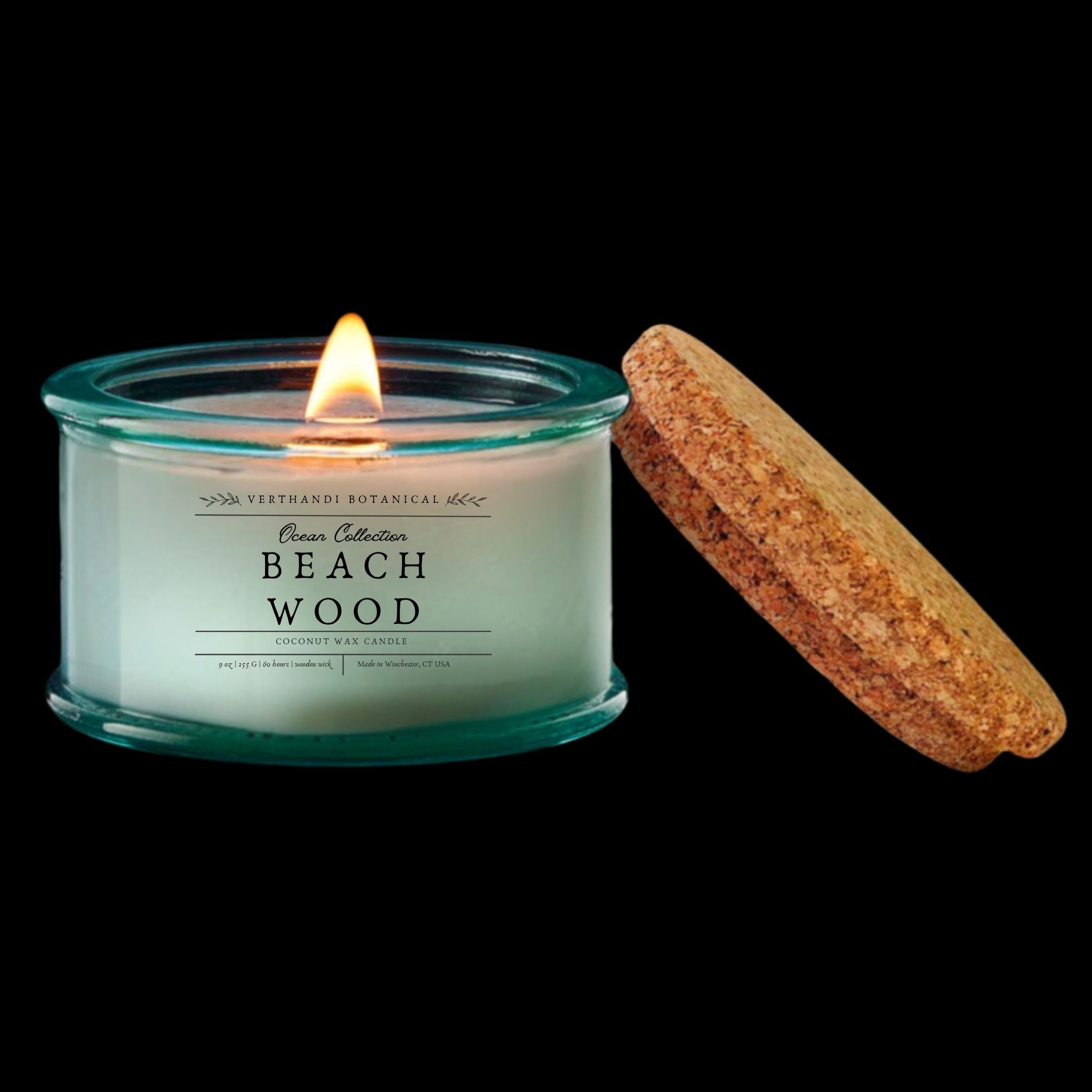 Ocean Collection, beach wood scened candle with crackling wood wick in recycled glass jar with cork lid