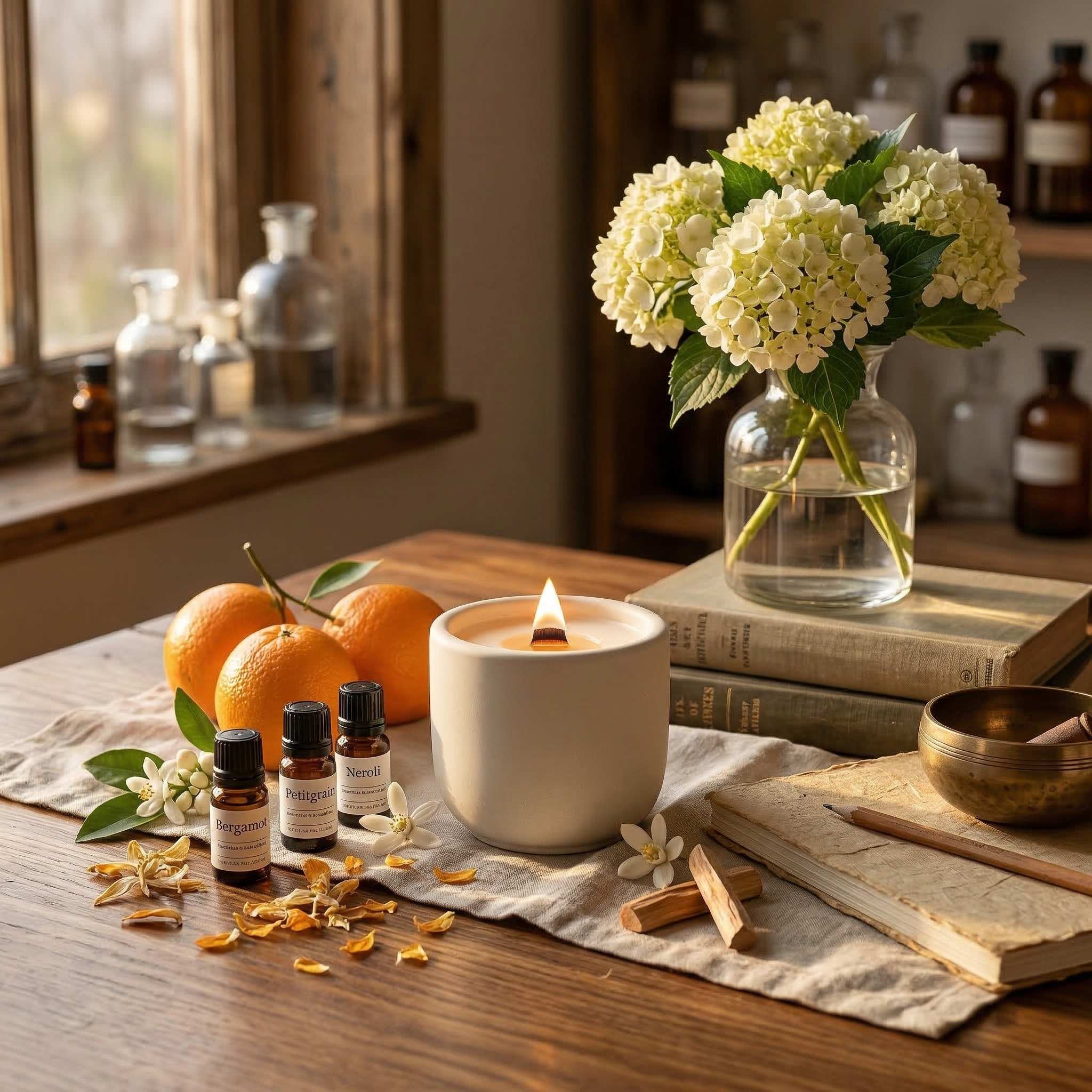 orange blossom scented candle with coconut soy wax and crackling wood wick in cement jar, lifestyle