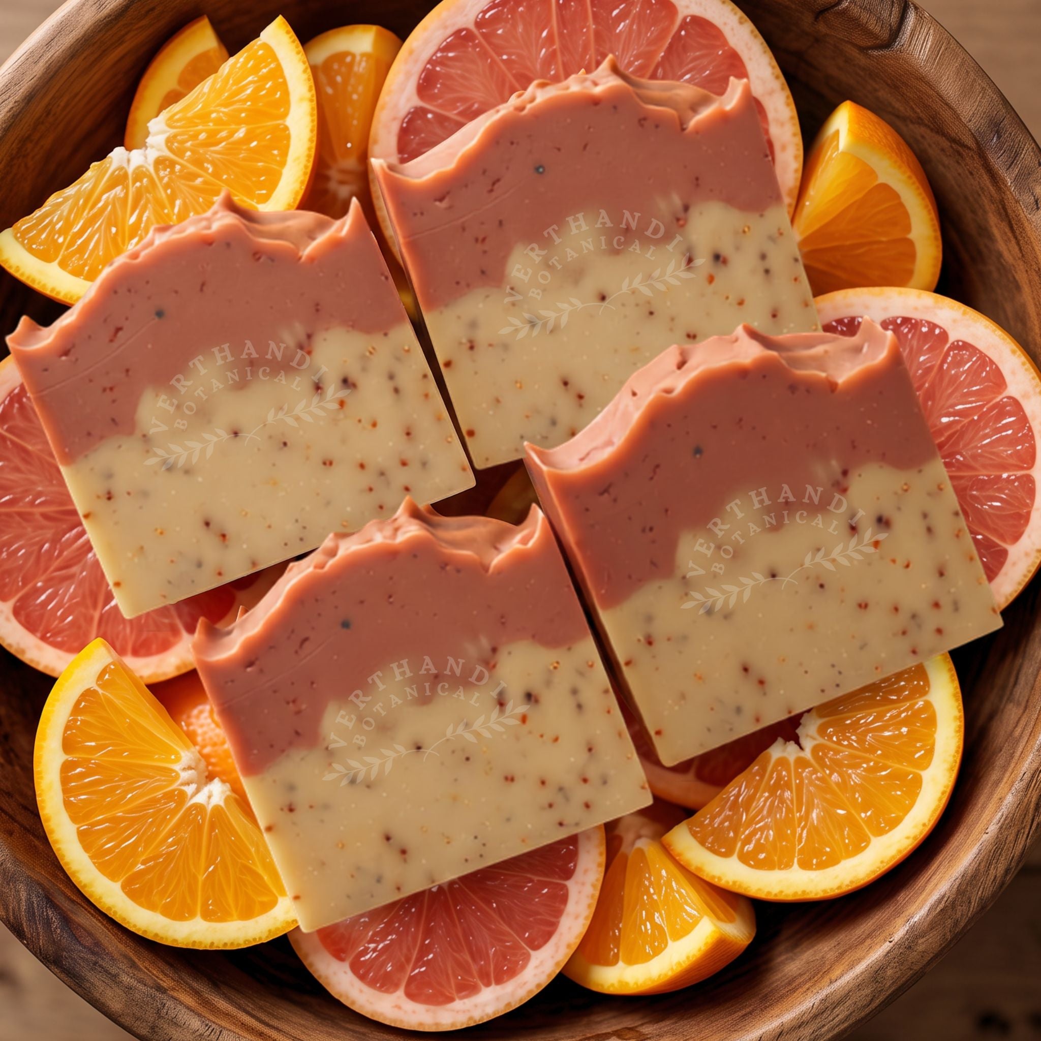 orange patchouli natural soap bars made with French clay and pure essential oils nestled in a bowl of pink grapefruit and orange slices.