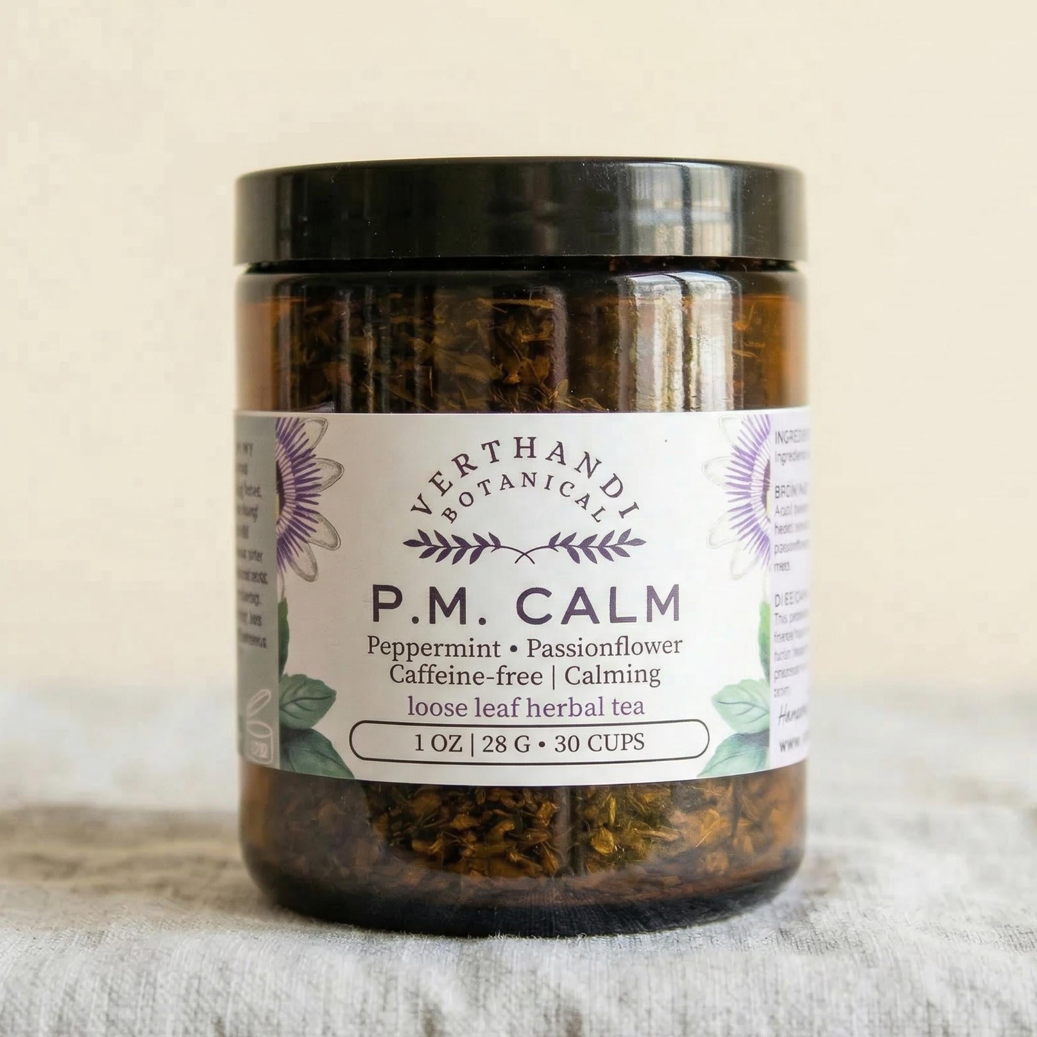 p.m. calm loose leaf tea for calming anxiety verthandi botanical made with peppermint, lemon balm, passion flower