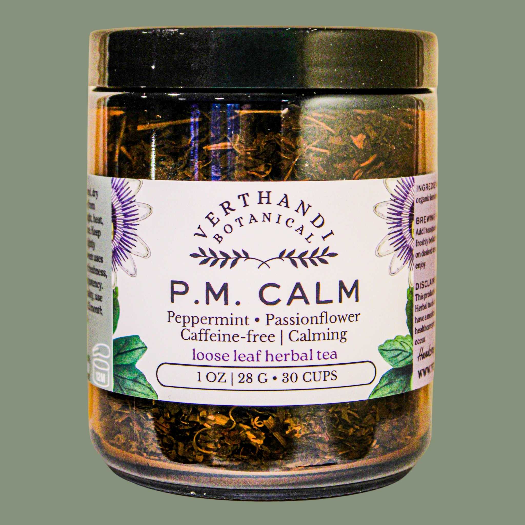 p.m. calm loose leaf herbal tea for anxiety with peppermint passionflower and lemonbalm verthandi botanical