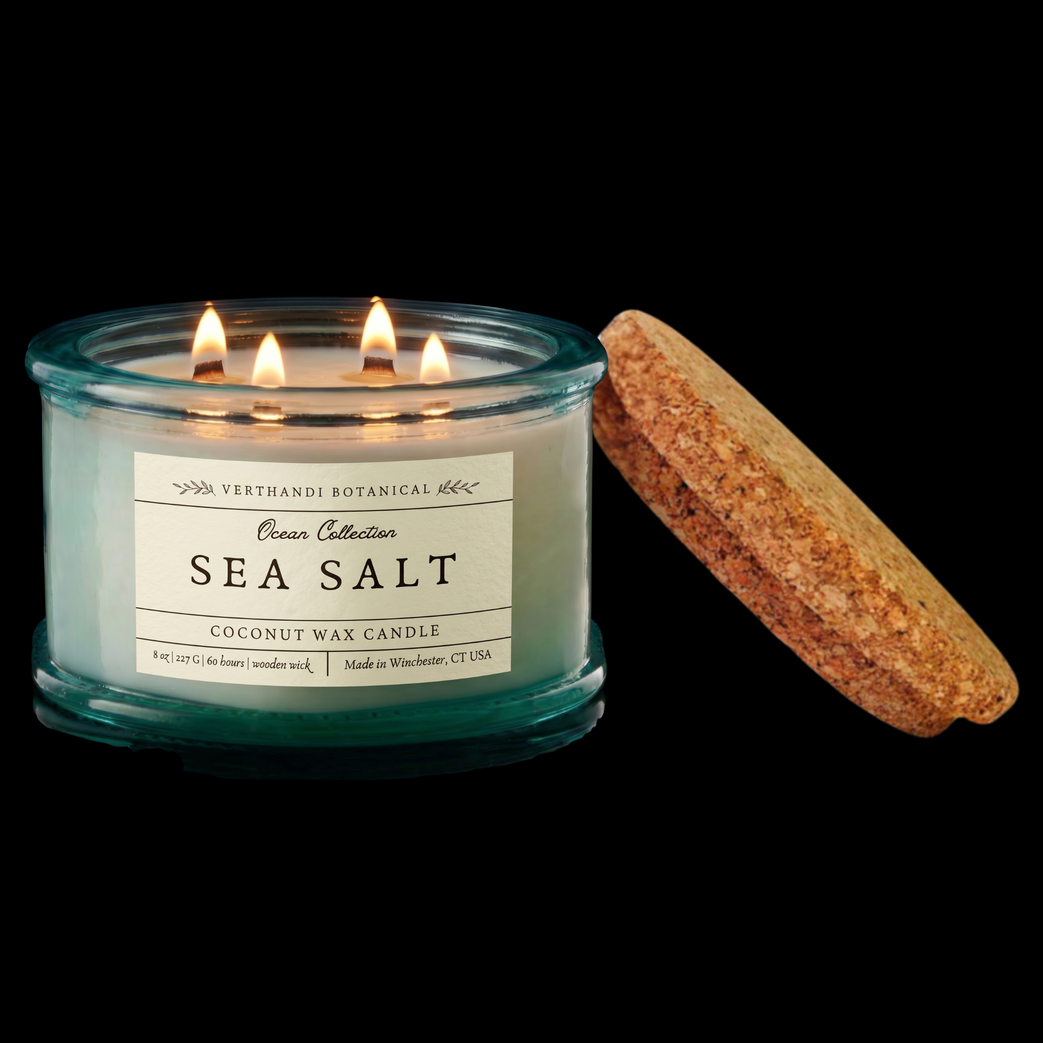 Sea Salt Scented Candle with coconut wax and a crackling wood wick in thick recycled glass with recycled cork lid part of Verthandi Botanical&