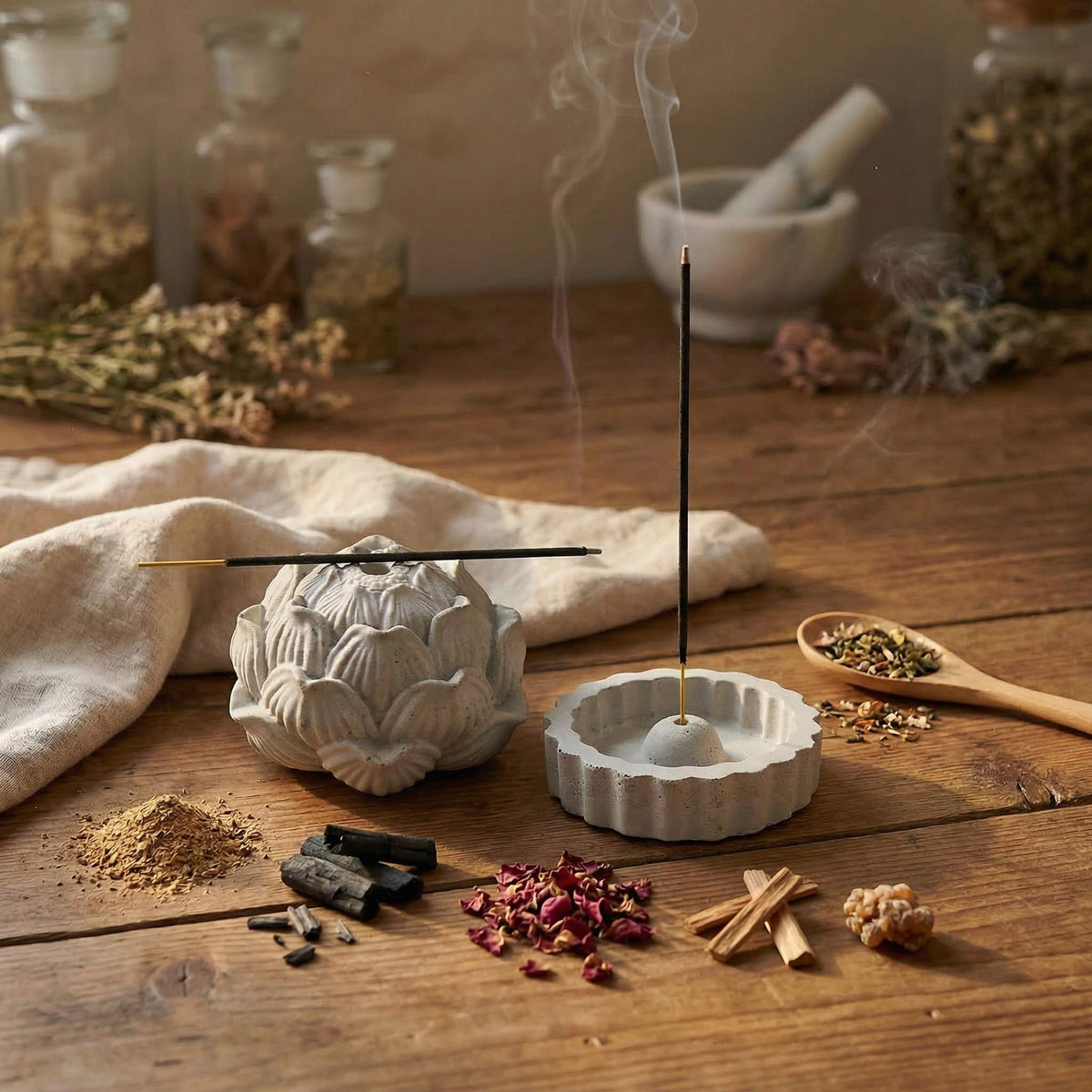 concrete incense holders shaped like a lotus flower