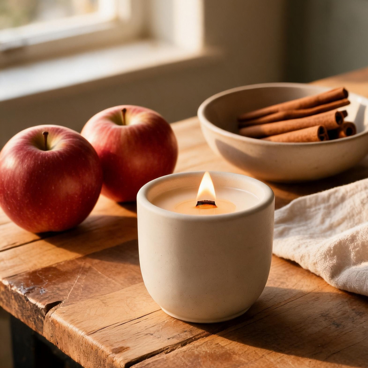 Apple Orchard coconut wax candle with a crackling wood wick in a concrete jar, beside apples and cinnamon sticks on a sunny wooden table