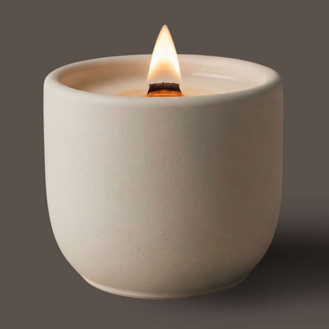 calm coconut soy scented candle with crackling wood wick in concrete jar, front view, CARDAMOM AND VANILLA SCENTED CANDLE