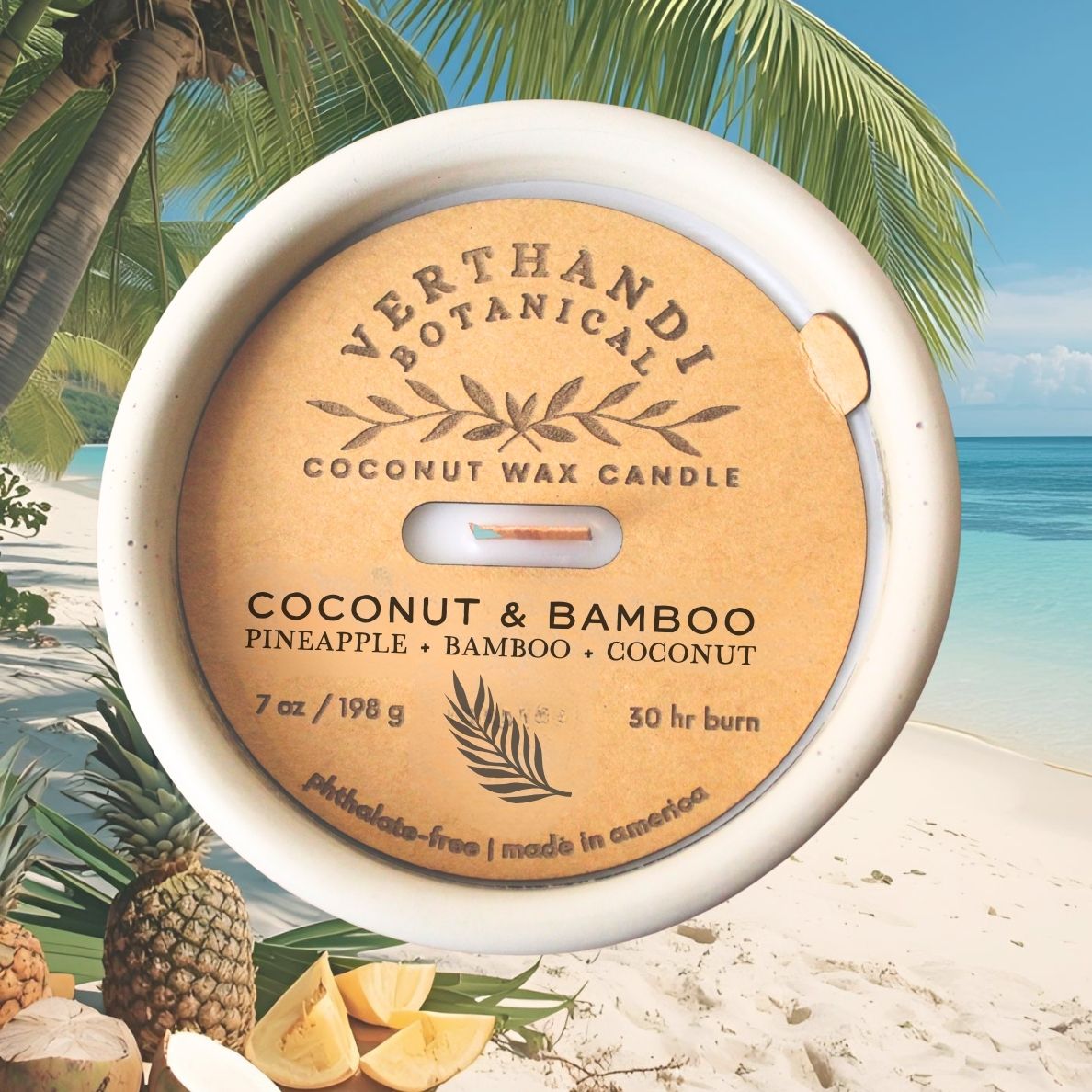 Coconut and Bamboo scented coconut wax candle with wood wick in concrete jar, coconut pineapple scented candle, top view