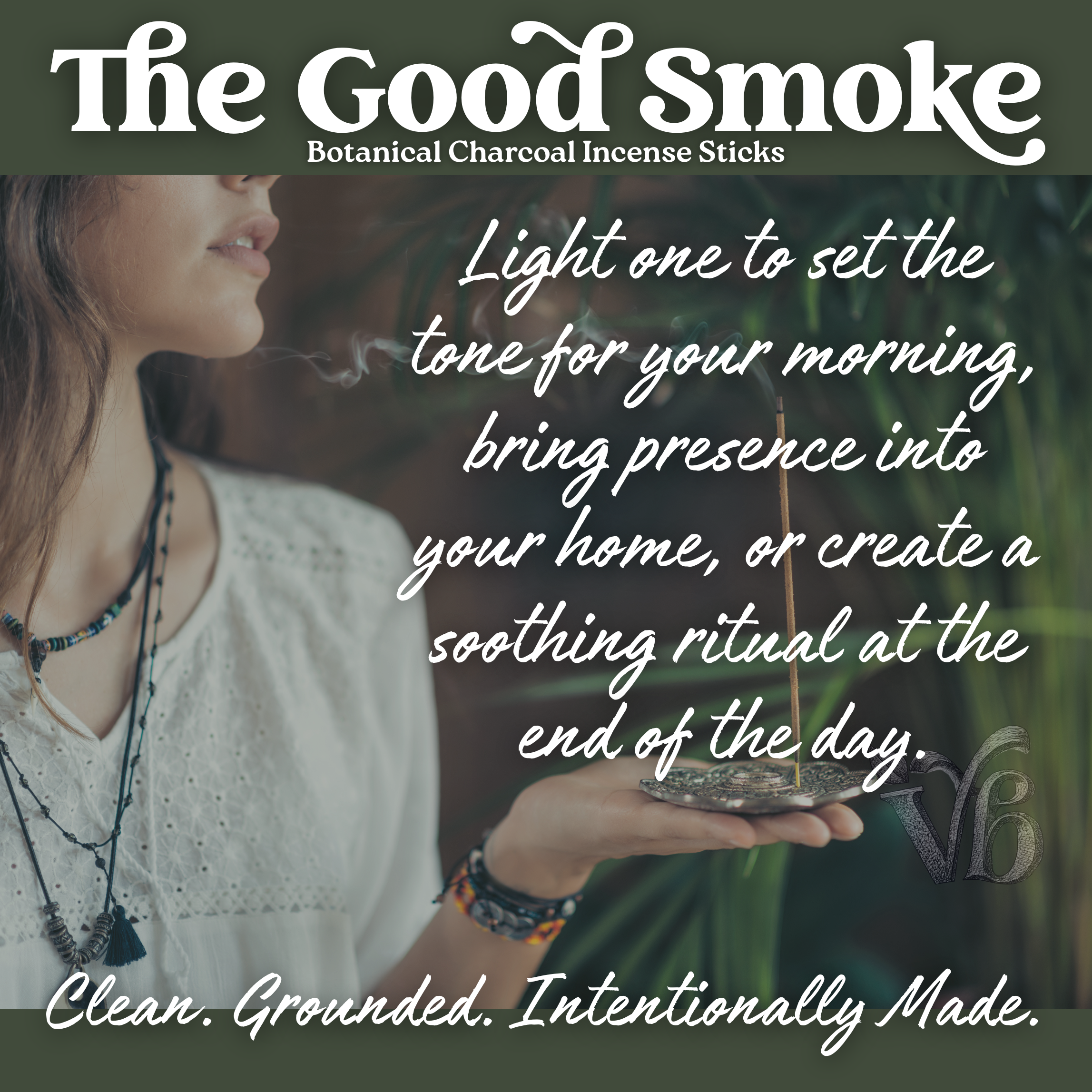 Person holding a small bowl with incense, surrounded by nature, with text about &