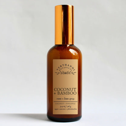 A coconut, pineapple, and bamboo scented room and linen spray part of Verthandi Botanical&