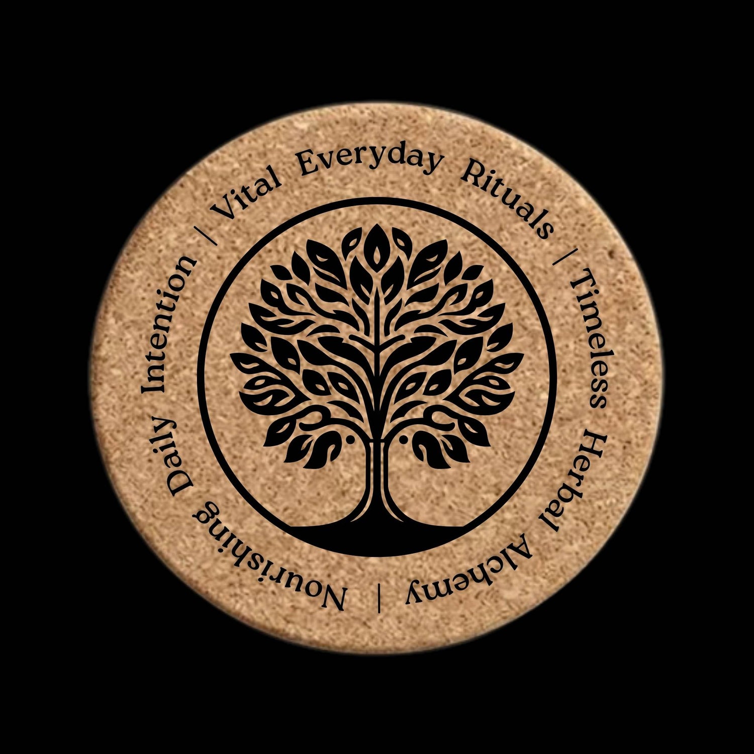 top of recycled cork lid with laser engraving - part of Verthandi Botanical&