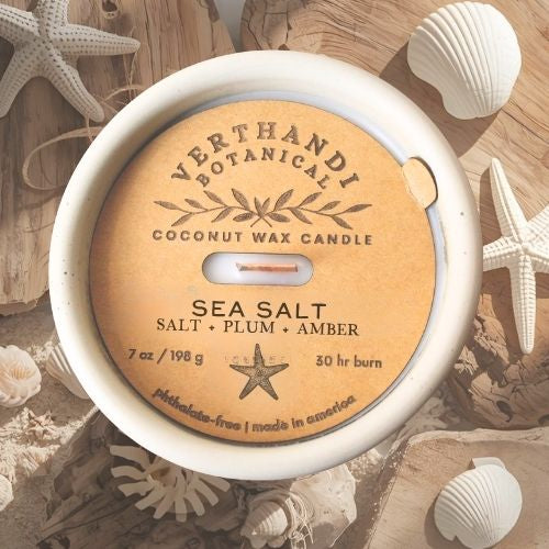 SEA SALT scented candle with crackling wood wick in concrete jar , top view