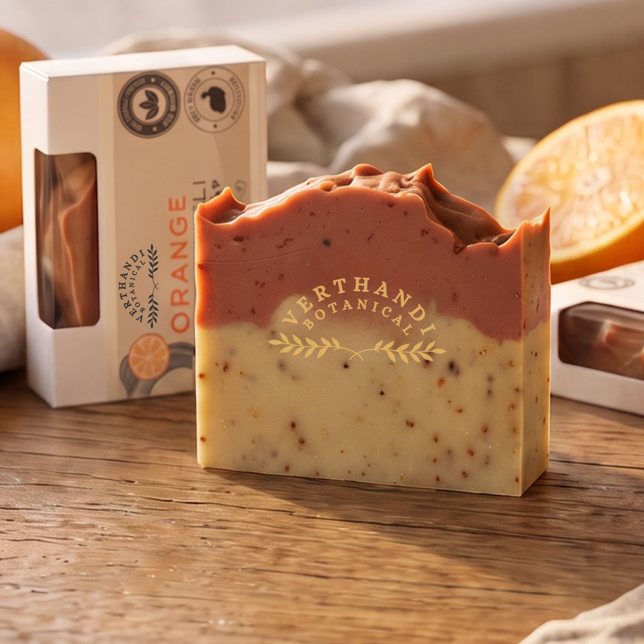 Orange Patchouli essential oil scented natural soap bar with packaging and oranges in the background. 