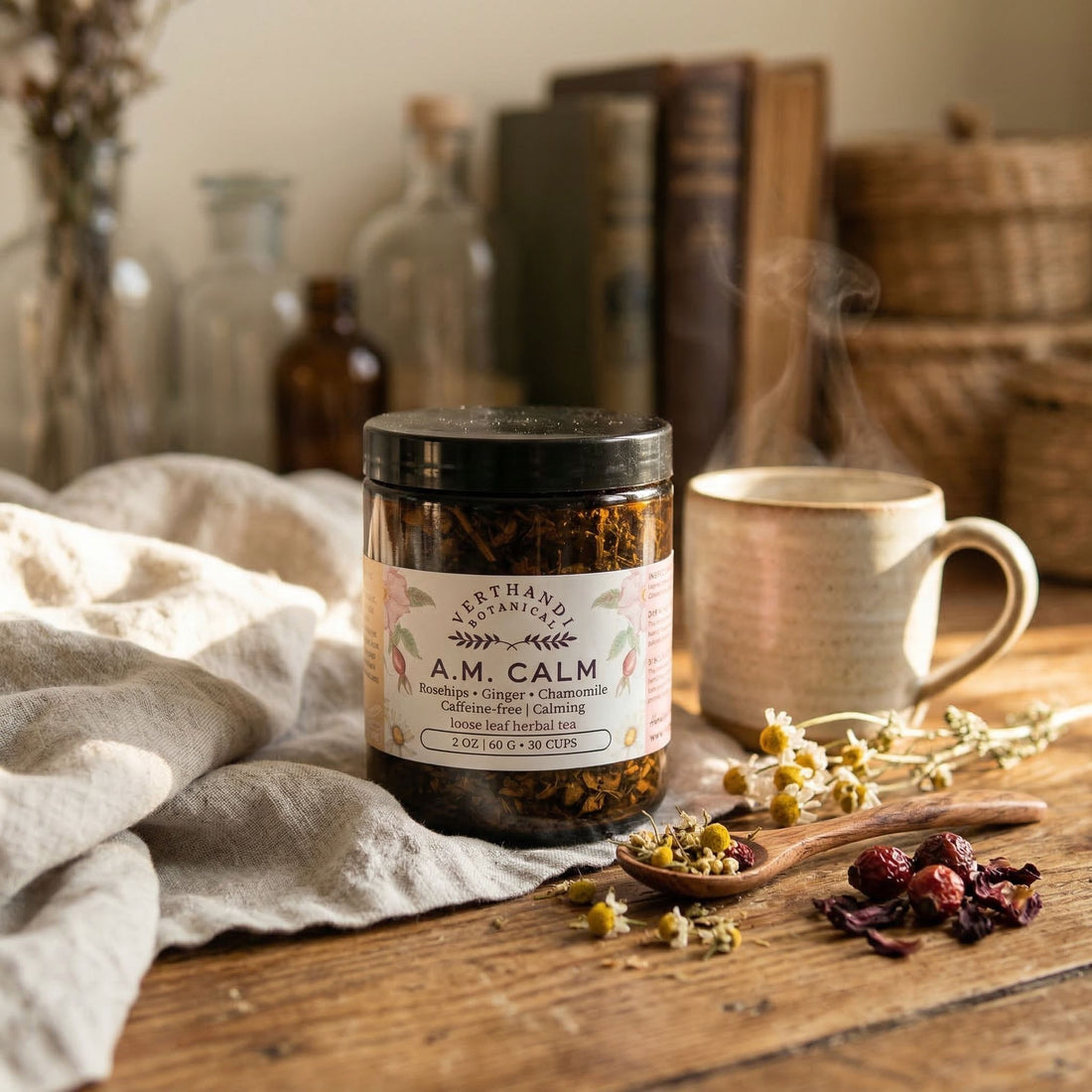a.m. calm loose leaf tea for calming anxiety verthandi botanical made with hibiscus, chamomile, rosehips, lemon balm, passionflower, ginger - lifestyle shot