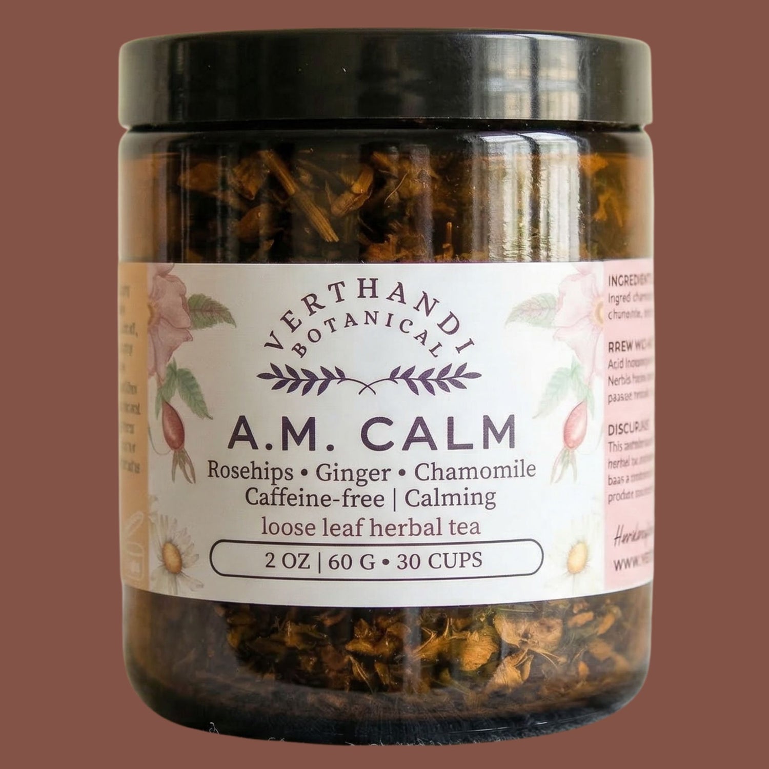a.m. calm loose leaf tea for calming anxiety verthandi botanical made with hibiscus, chamomile, rosehips, lemon balm, passionflower, ginger