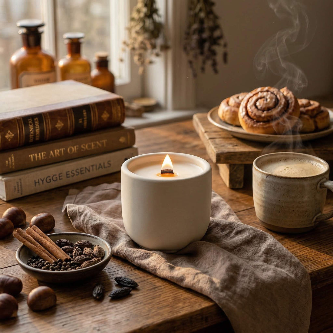 autumn chai coconut soy scented candle with crackling wood wick in concrete jar, vanilla and cardamom scented candle