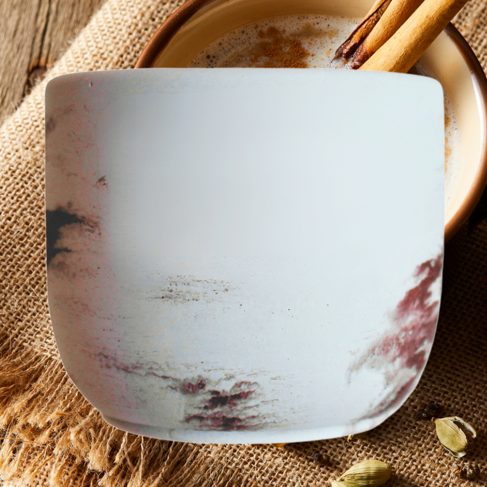 autumn chai coconut soy scented candle with crackling wood wick in concrete jar, tinted jar
