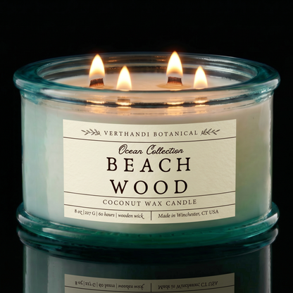 Ocean Collection, beach wood scented candle with crackling wood wick in recycled glass  jar