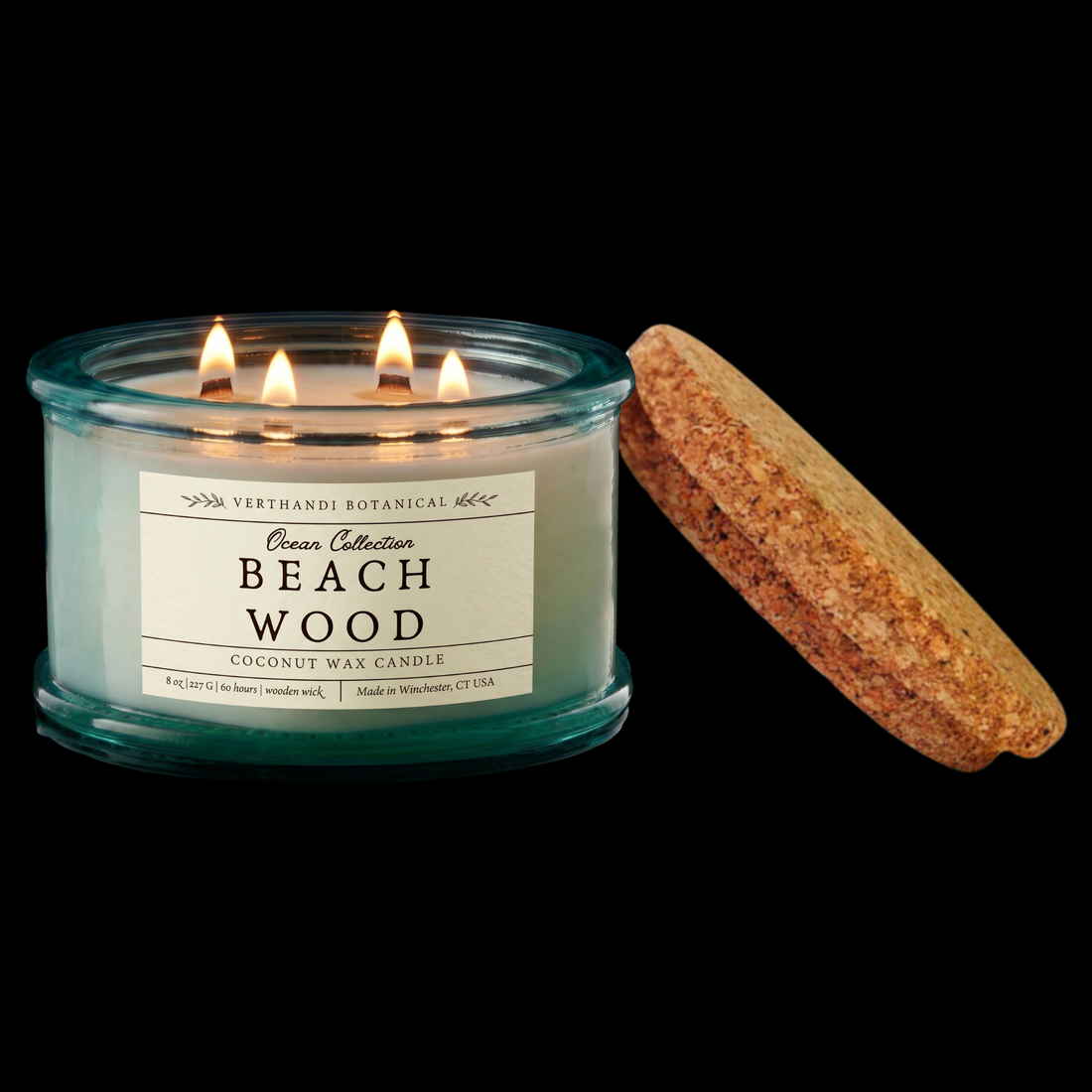 Ocean Collection, beach wood scented candle with crackling wood wick in recycled glass  jar with cork lid