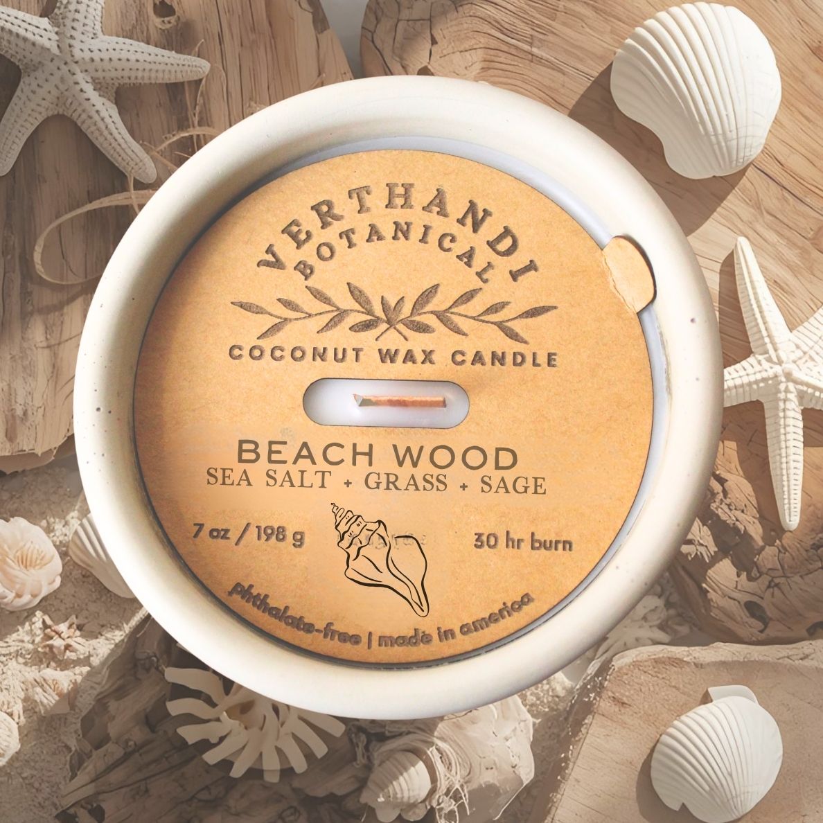beach wood scented coconut soy candle with crackling wood wick in concrete jar, top view dust cover