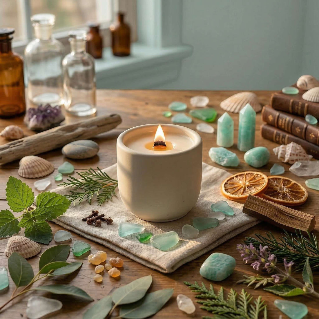 beach wood scented candle in concrete jar, with a crackling wood wick and coconut wax on a table surrounded by sea glass and shells