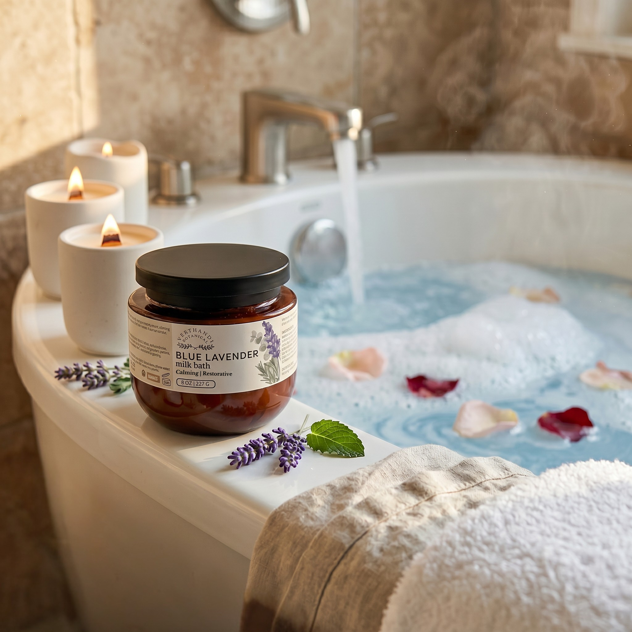 Blue Lavender Foaming Coconut Milk Bath by Verthandi Botanical with creamy blue bath water