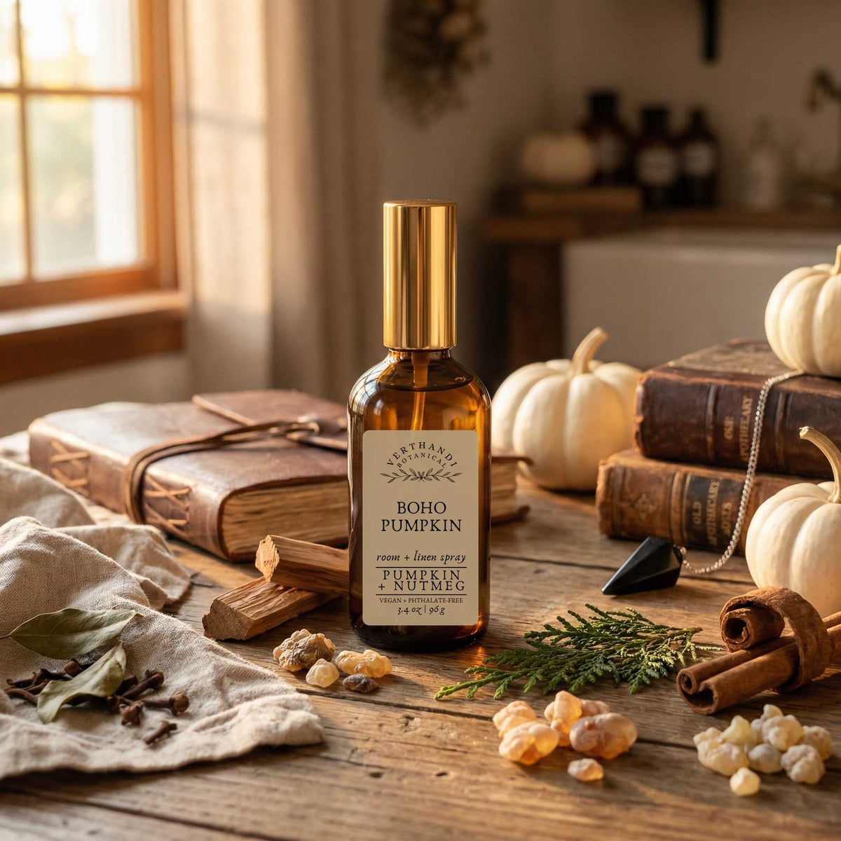 Boho Pumpkin scented room and linen spray, lifestyle shot