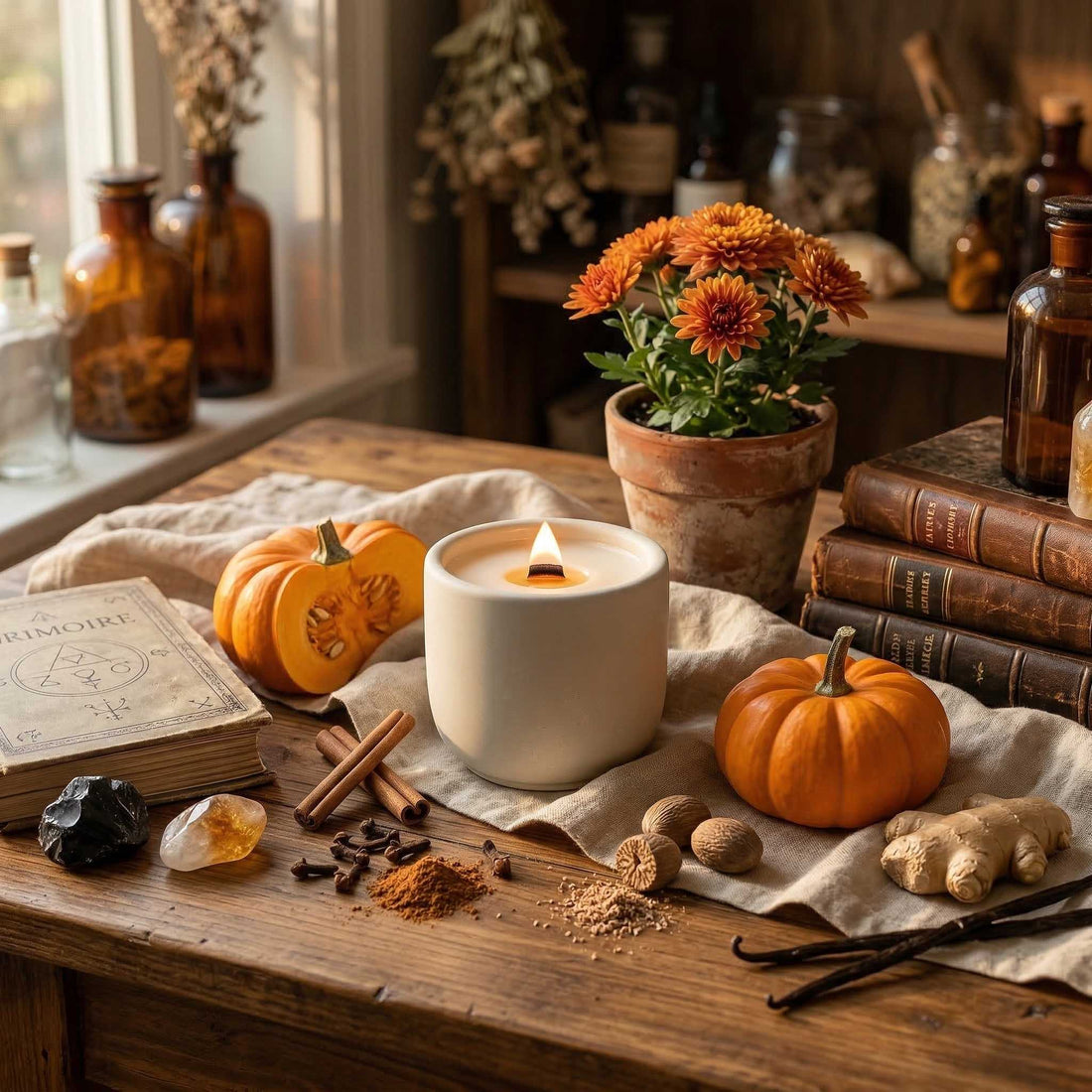 boho pumpkin scented coconut soy wax scented candle with crackling wood wick in concrete jar refillable