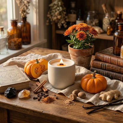 boho pumpkin scented coconut soy wax scented candle with crackling wood wick in concrete jar refillable
