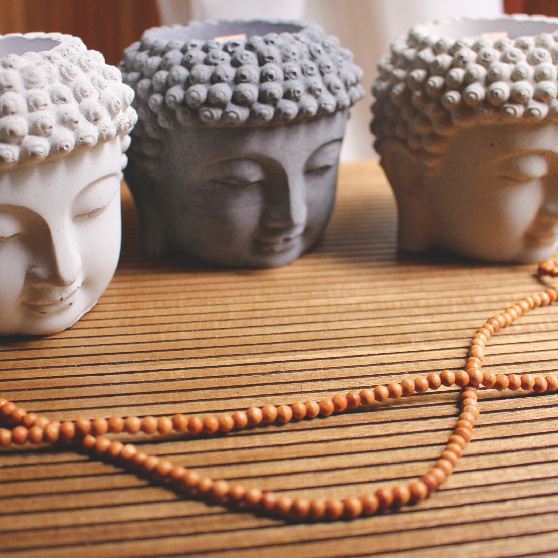 buddha head TRIO coconut soy candle with crackling wood wick in buddha head trio concrete jar, side view, dust cover